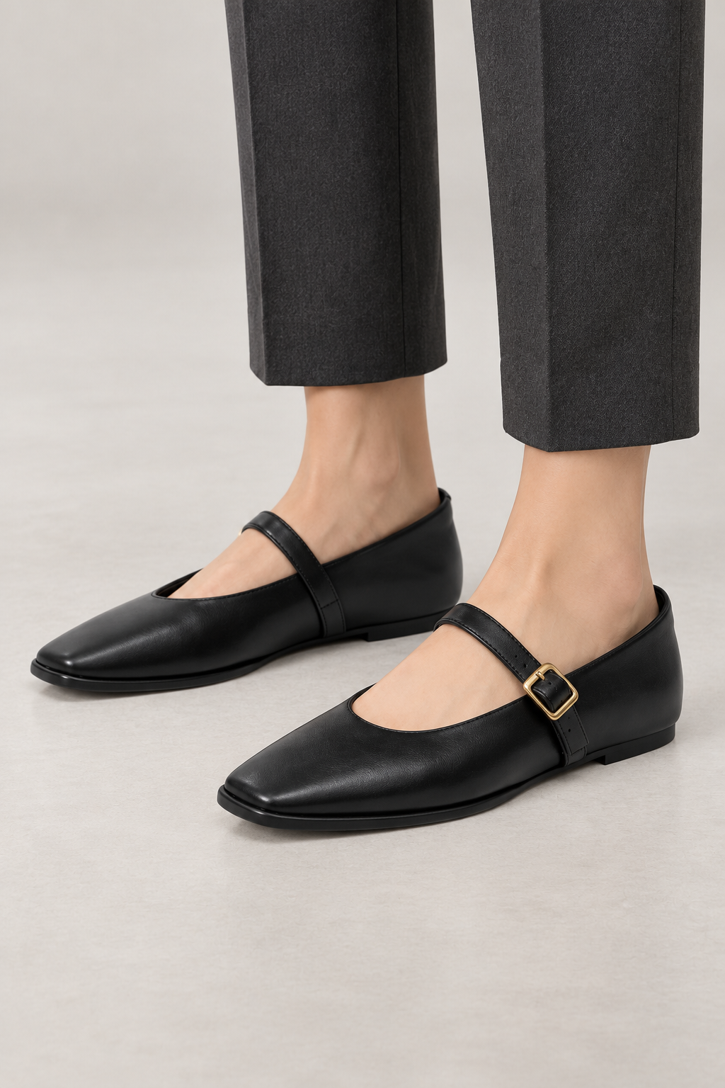 Penny Mary Jane Flats — Square Toe & Buckle Strap — Black studio view