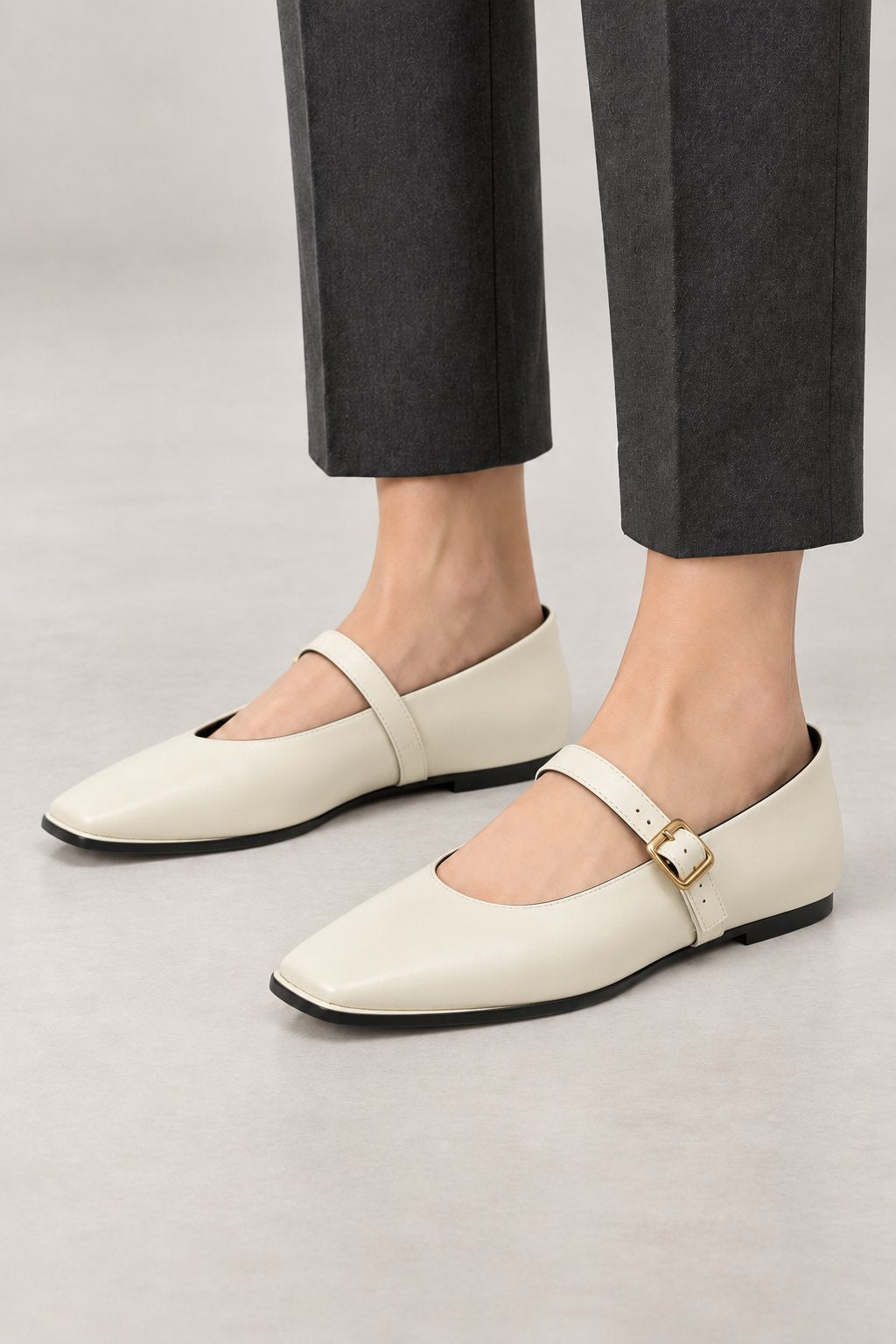 Penny Mary Jane Flats — Square Toe & Buckle Strap — Beige studio view