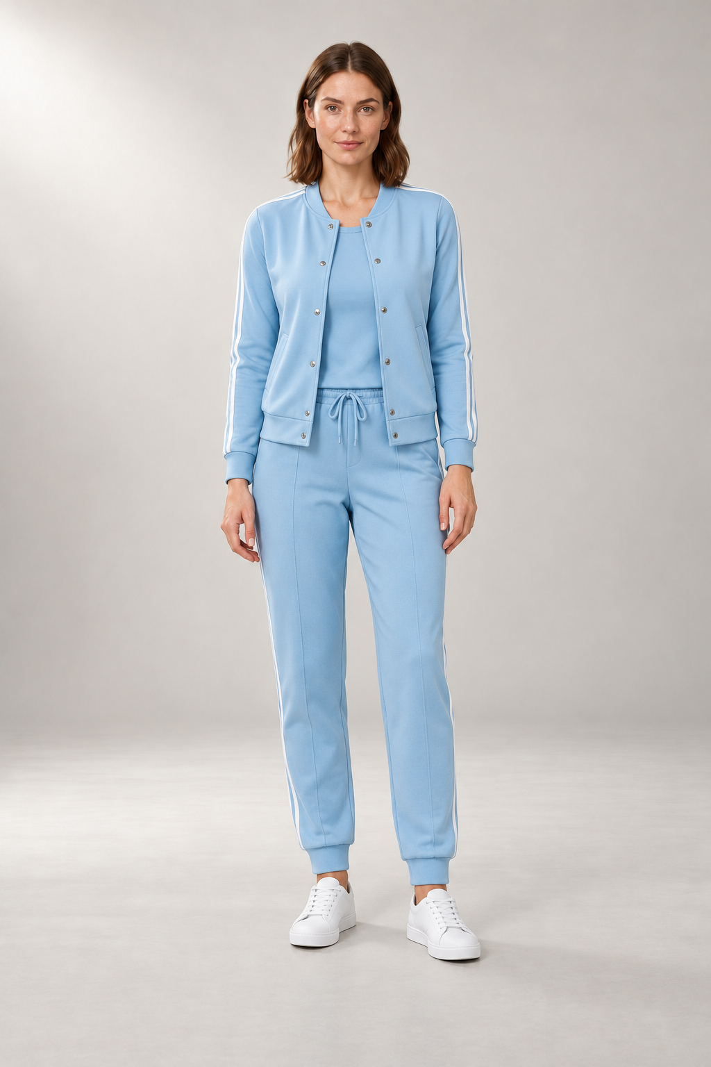 Three-Piece Bomber Tracksuit — Jacket, Top & Joggers — Blue studio view
