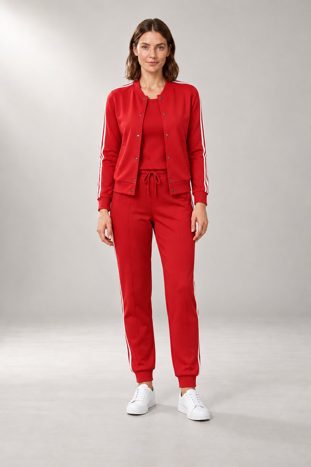 Three-Piece Bomber Tracksuit — Jacket, Top & Joggers — Red studio view