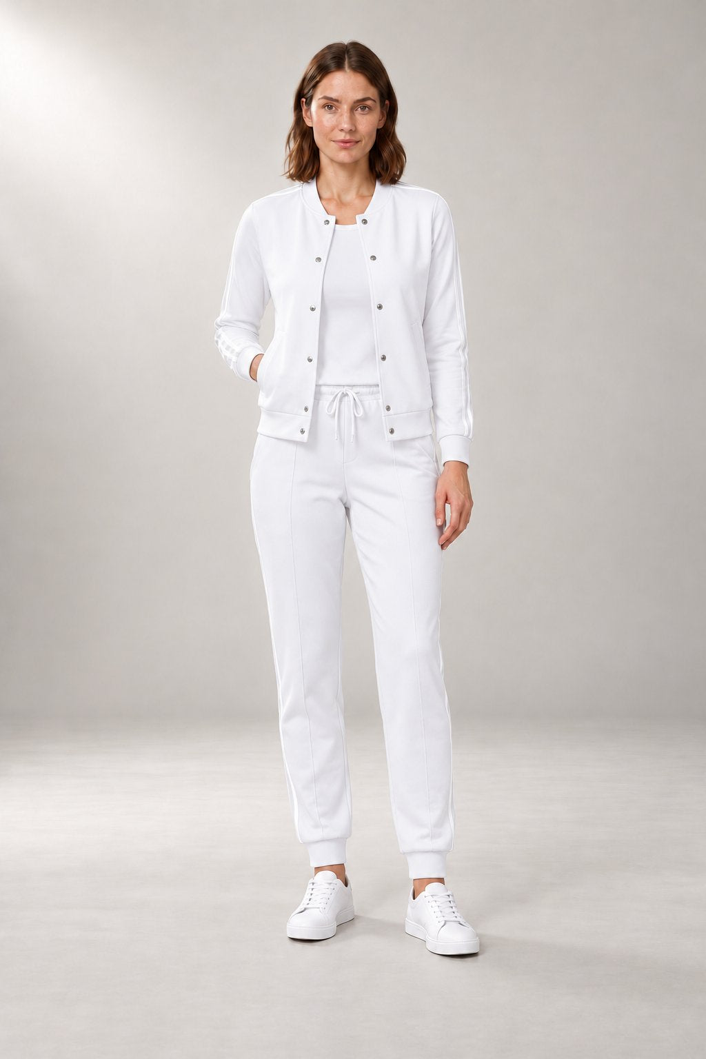 Three-Piece Bomber Tracksuit — Jacket, Top & Joggers — White studio view