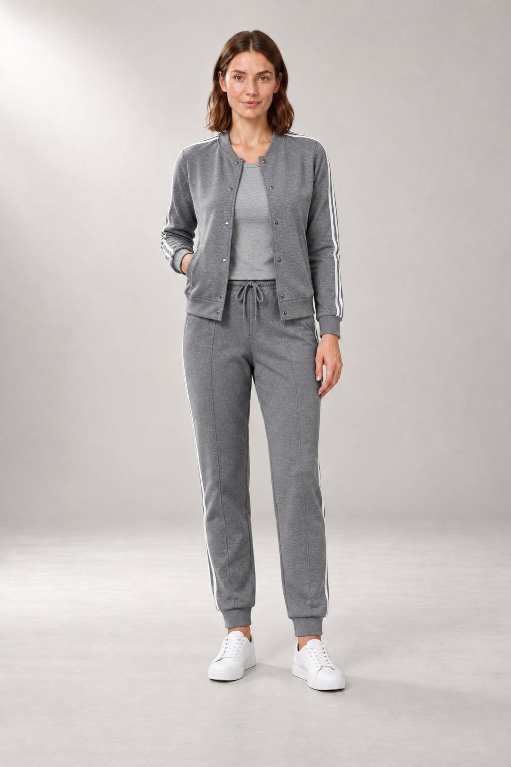 Three-Piece Bomber Tracksuit — Jacket, Top & Joggers — Gray studio view