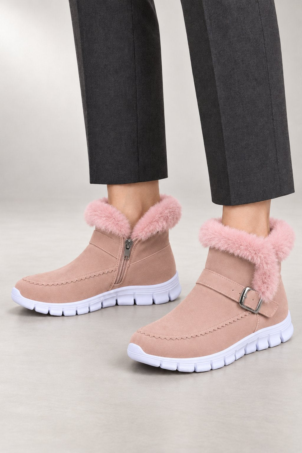 Morgan Ankle Boots — Plush Collar & Side Zip — Pink studio view