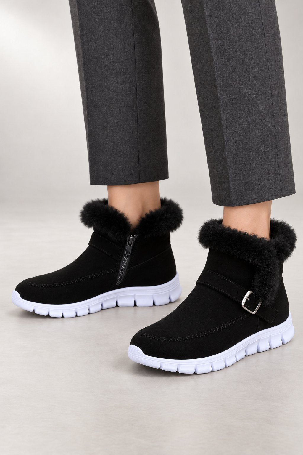 Morgan Ankle Boots — Plush Collar & Side Zip — Black studio view