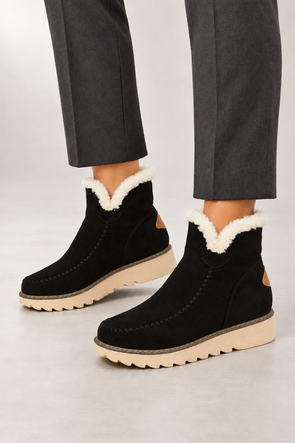 Winter Ankle Boots — Textured Trim & Ridged Sole — Black view