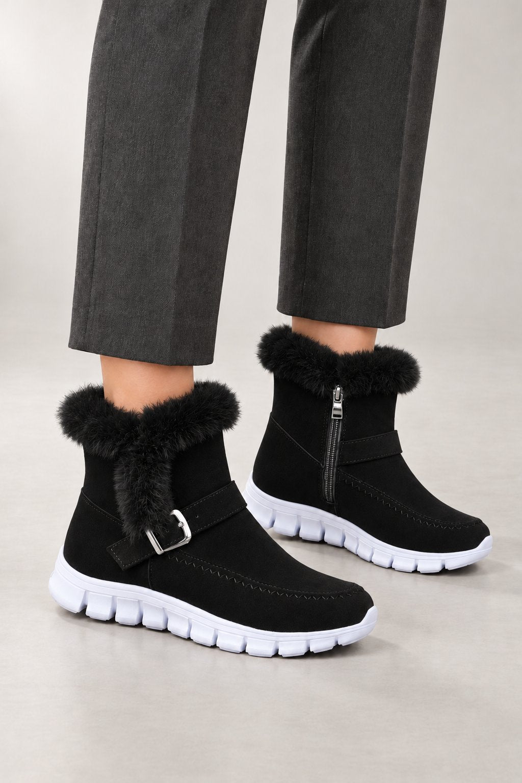 Adaline Ankle Boots — Textured Collar & Buckle Detail — Black view