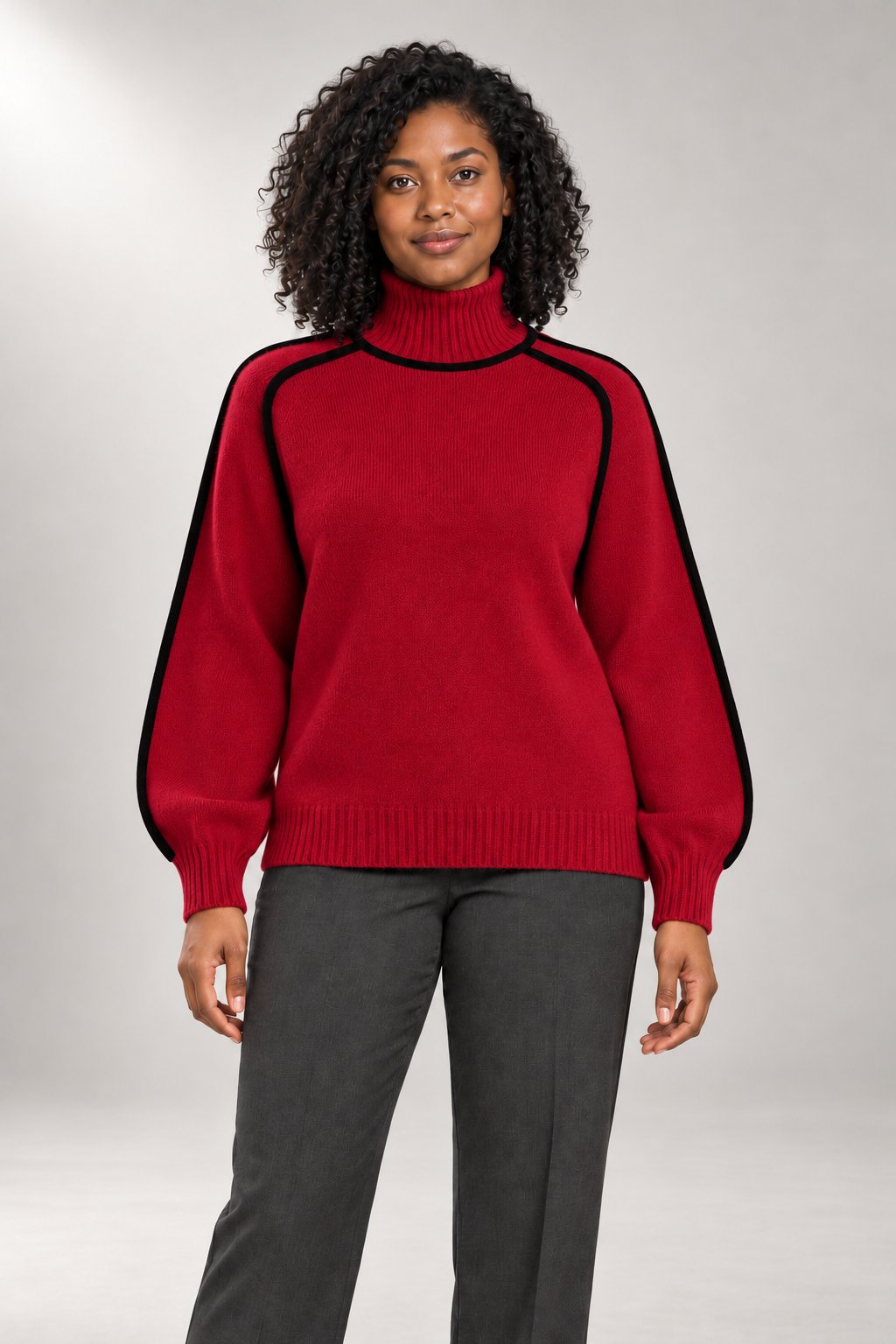 Marleno Turtleneck Sweater — Contrast Edge Detail — Red studio view