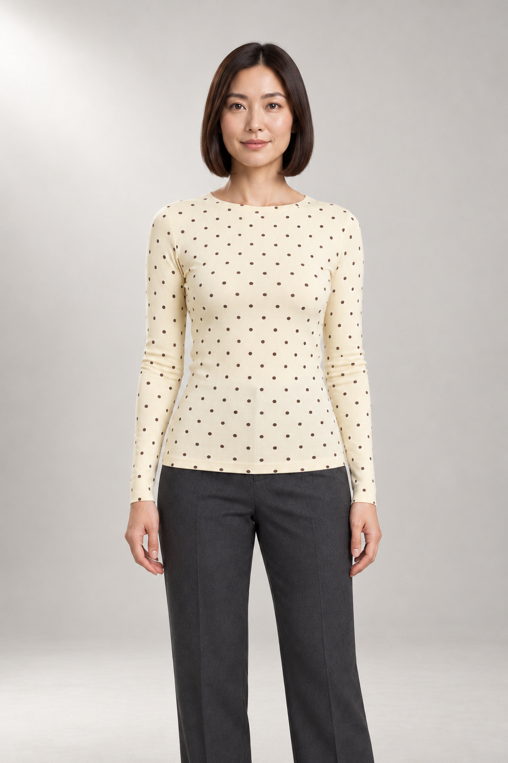 Adira Long-Sleeve Top — Fitted Polka-Dot Knit — Beige studio view