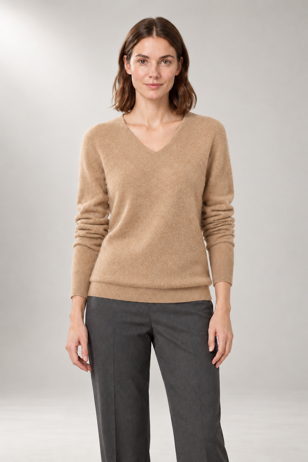 Alessia V-Neck Sweater — Relaxed Fit & Ribbed Trim — Camel view