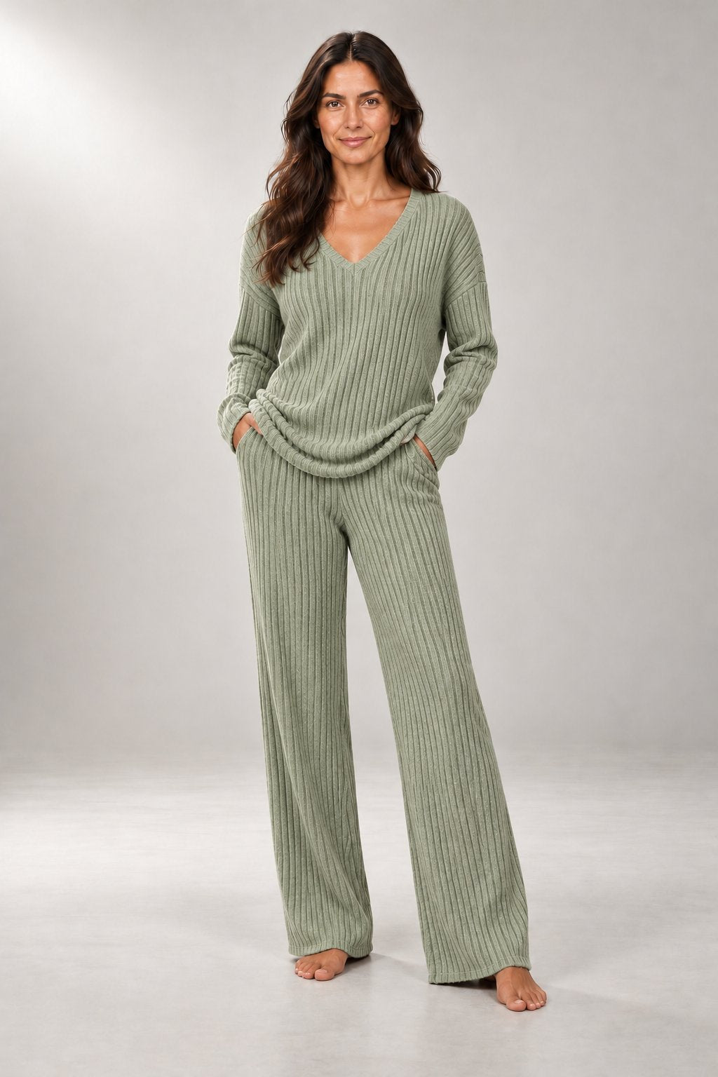 Adaline Ribbed Knit Set — V-Neck Sweater & Pants — Olive Green studio view