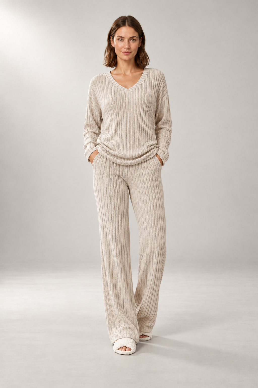 Charlotte-Claire Ribbed Set — Pullover & Wide-Leg Pants — Apricot studio view
