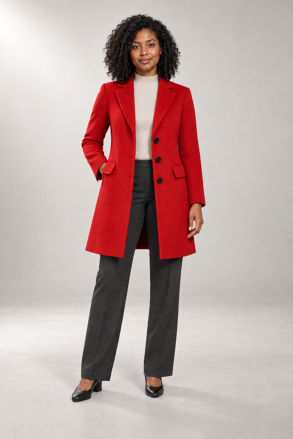 Simone Tailored Coat — Notched Lapels & Button Front — Red studio view