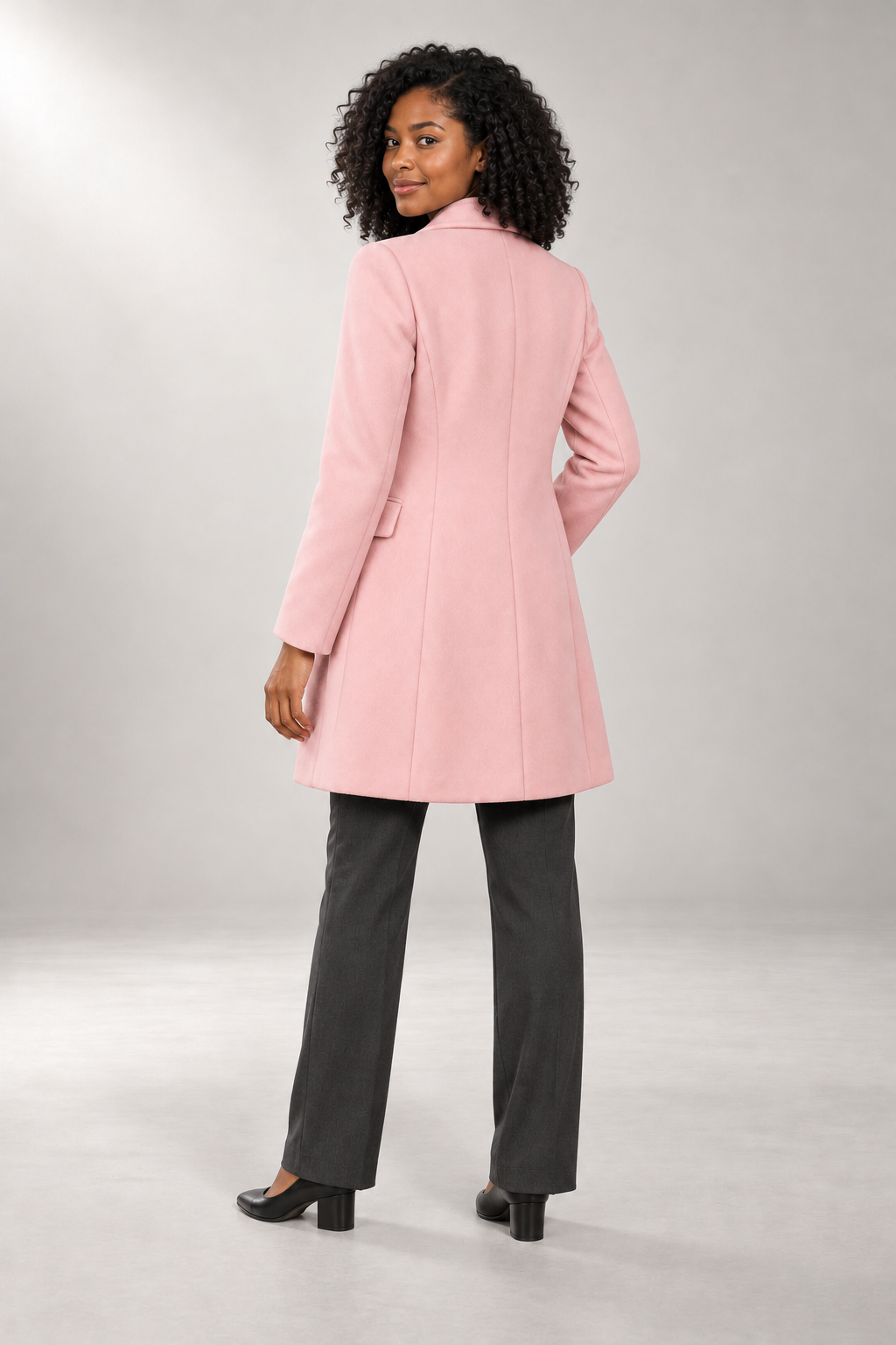 Simone Tailored Coat — Notched Lapels & Button Front — Light Pink studio view