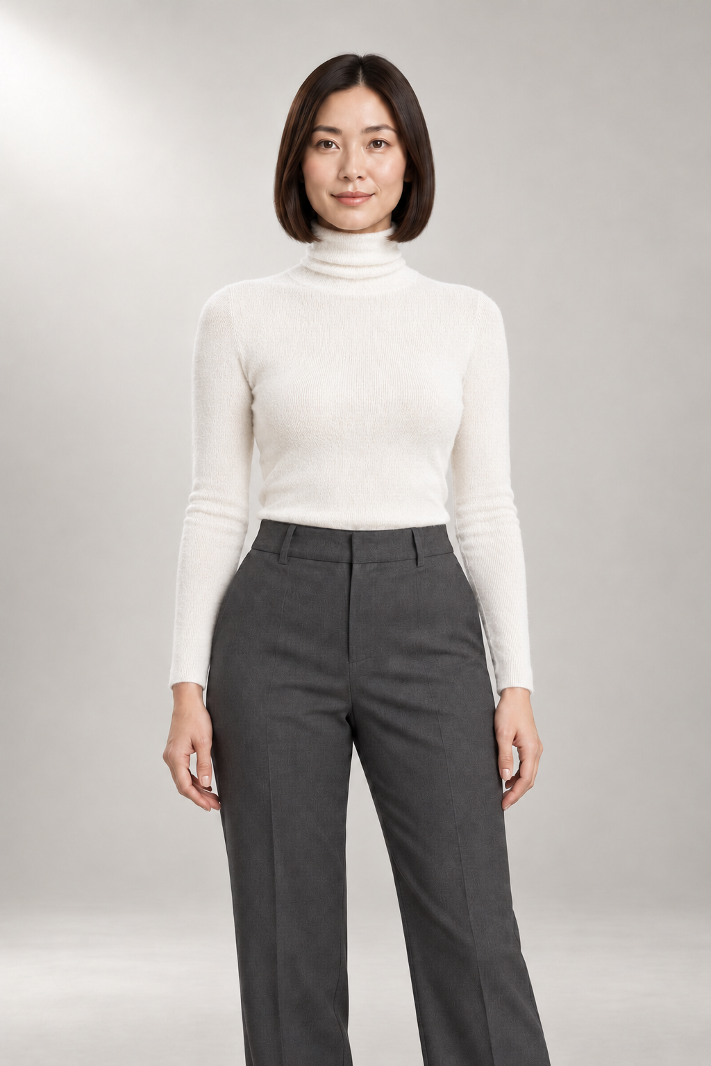 Iolanthe Turtleneck Sweater — Fine-Rib Fitted Knit — White studio view