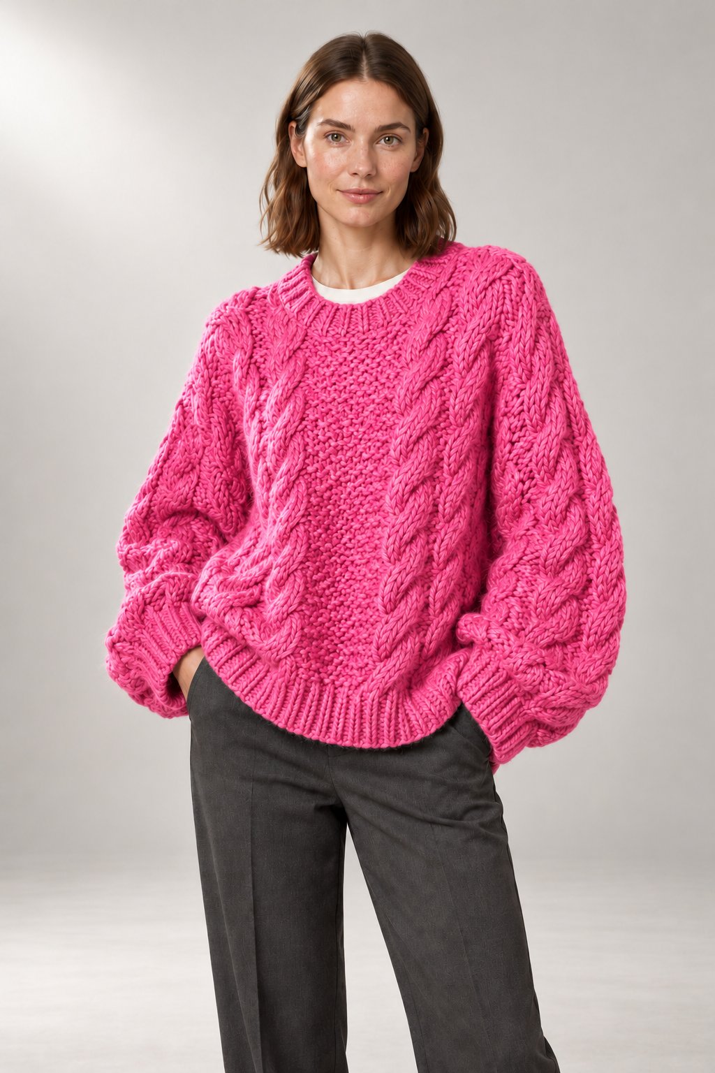 Grace Oversized Sweater — Chunky Cable-Knit Texture — Pink studio view