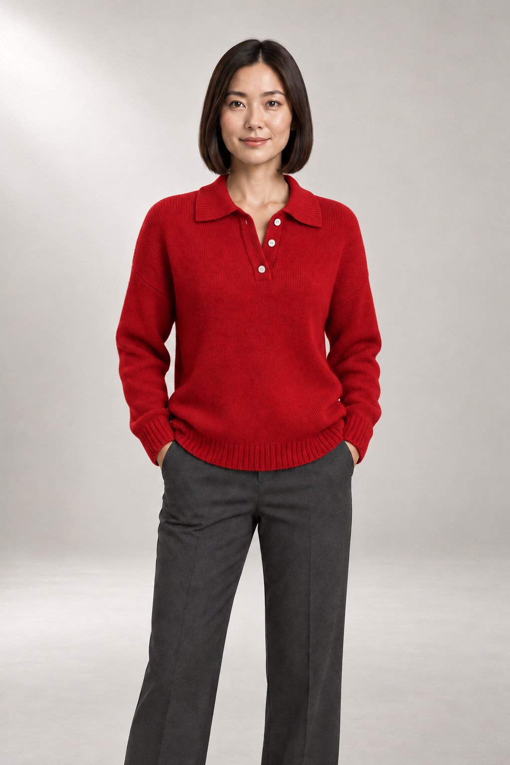 Polo-Collar Knit Sweater — Button-Placket Pullover — Red studio view