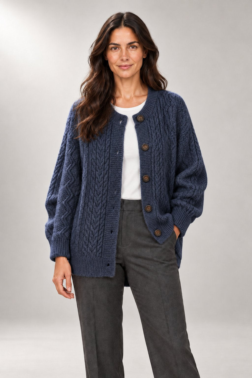 Marguerite Cable Cardigan — Oversized Button-Front Knit — Navy Blue studio view