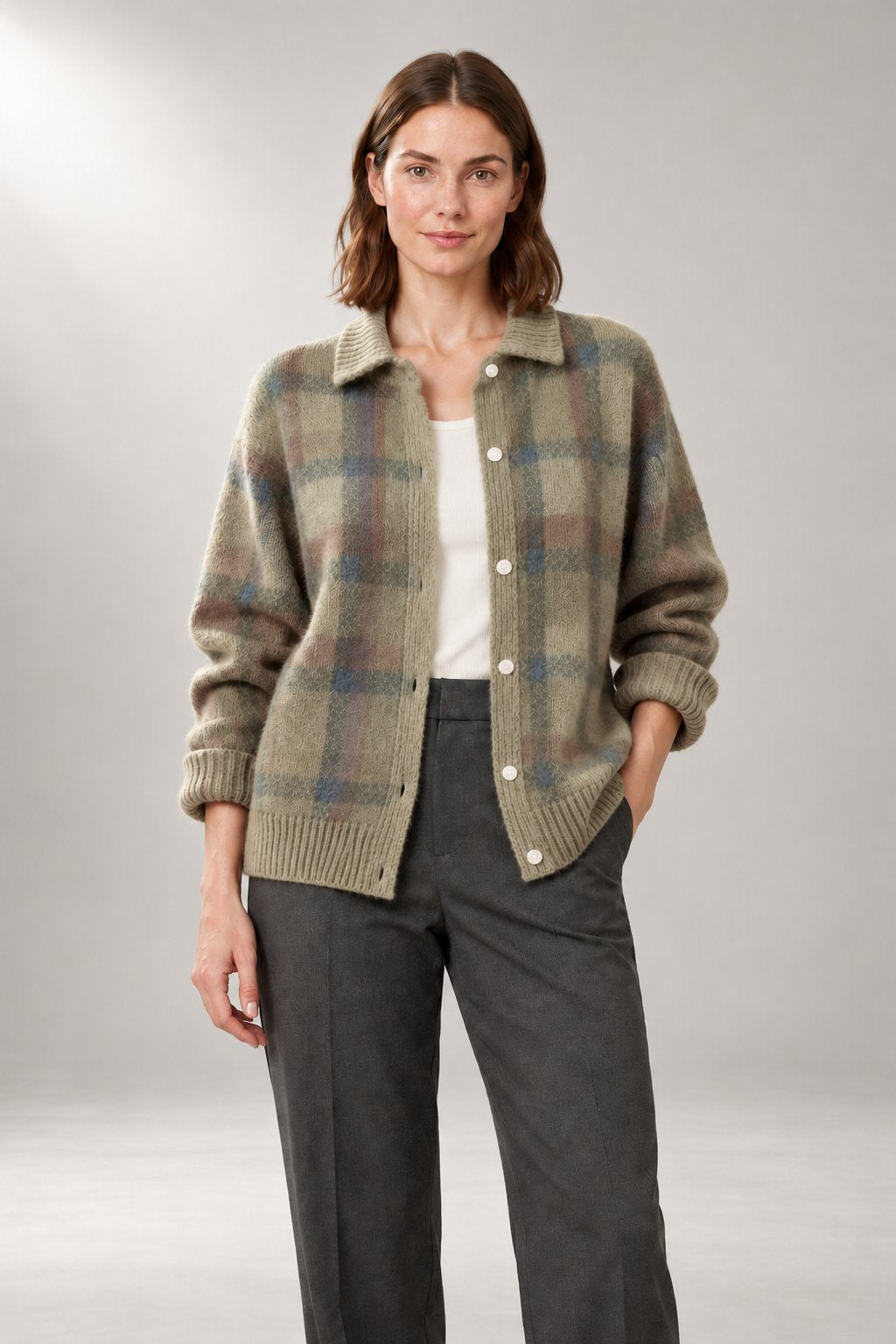 Oversized Button-Front Cardigan — Relaxed Collared Knit — Khaki studio view