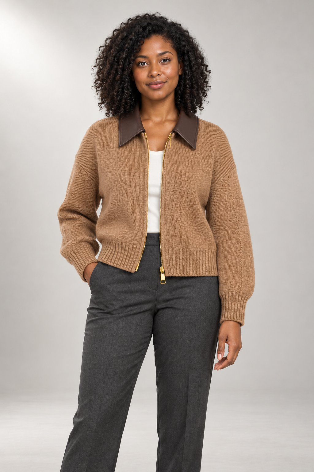 Clara Zip-Front Sweater — Contrast Turn-Down Collar — Brown studio view