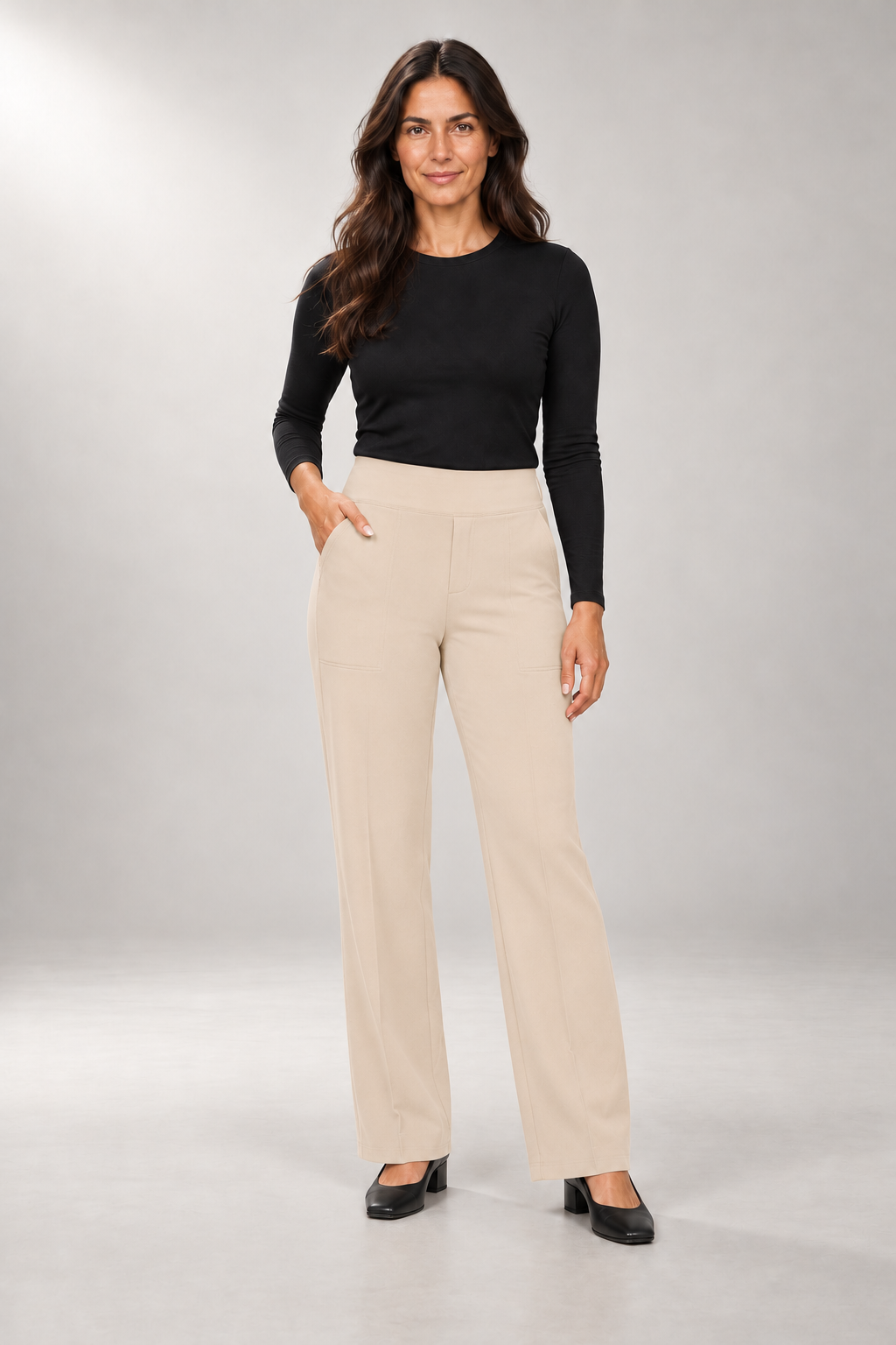 High-Waist Stretch Trousers — Straight-Leg Fit — Cream studio view