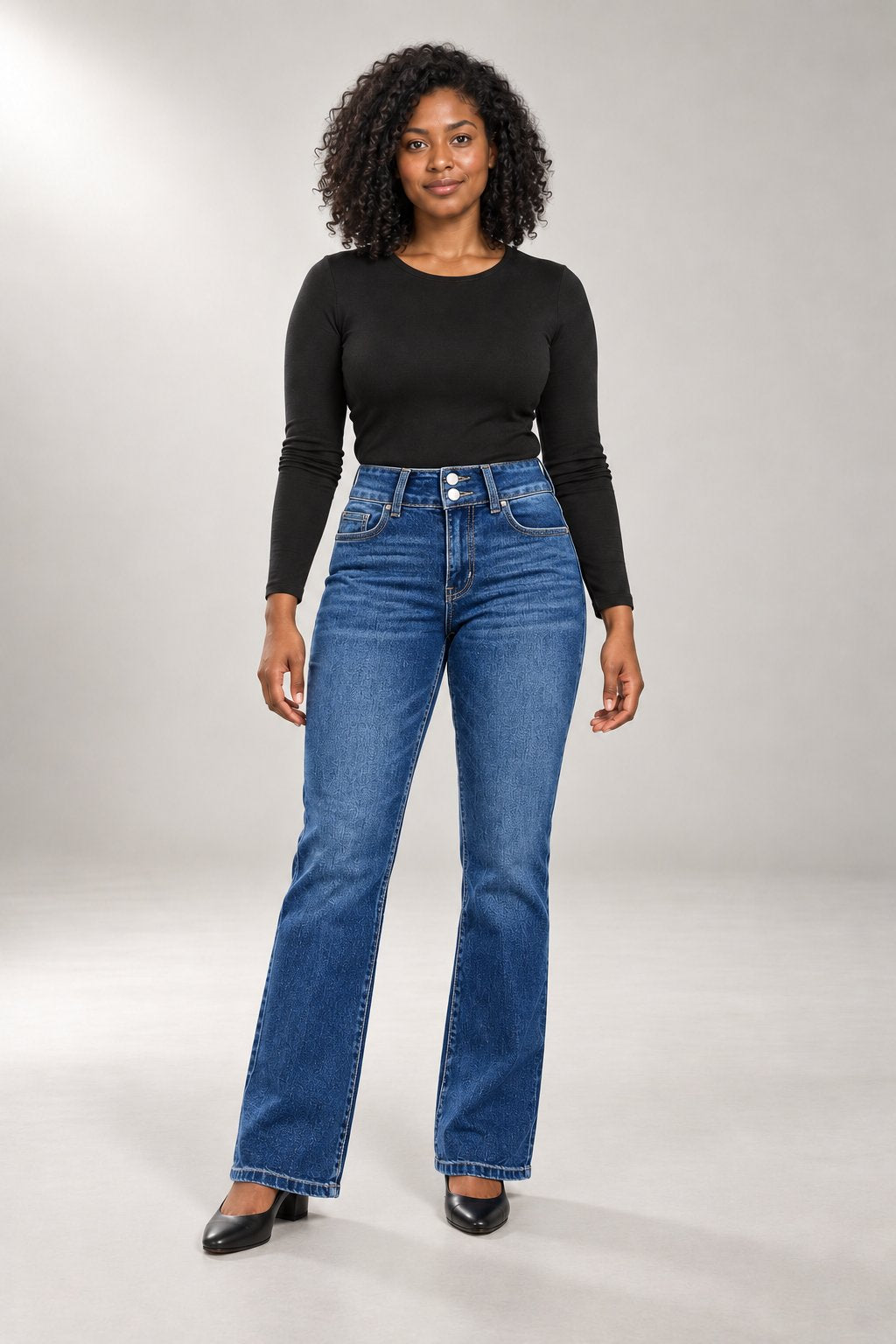 Janie Bootcut Jeans — High Waist & Double-Button Detail — Deep Blue studio view