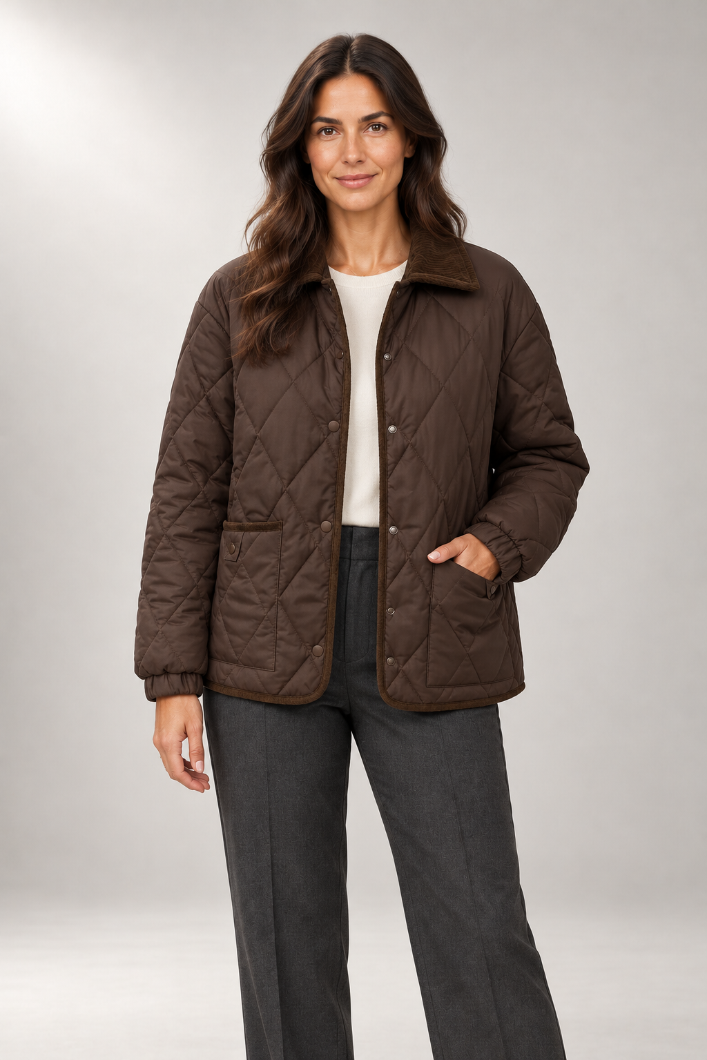 Diamond-Quilted Jacket — Contrast Collar & Button Front — Brown studio view