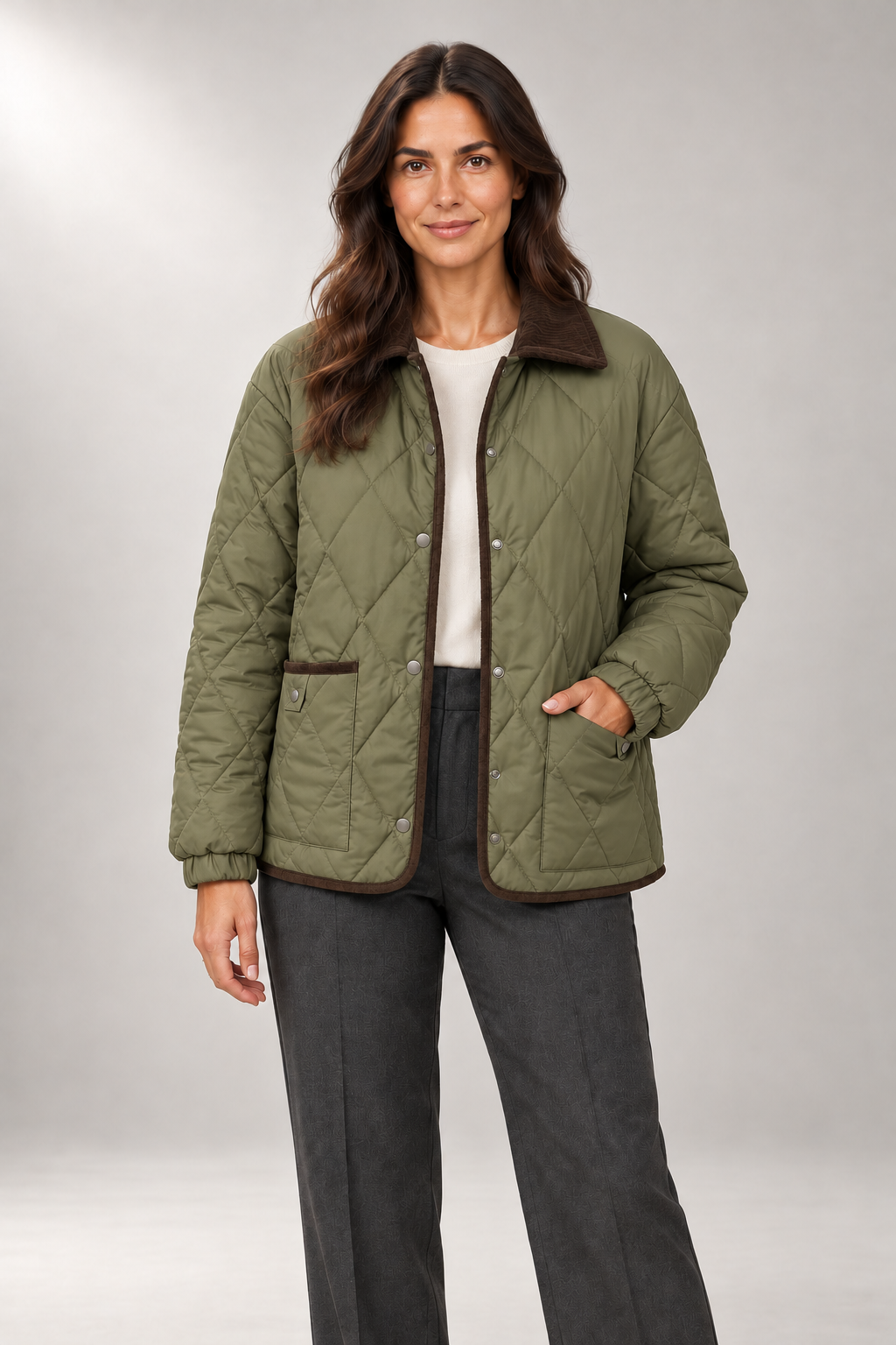 Diamond-Quilted Jacket — Contrast Collar & Button Front — Green studio view