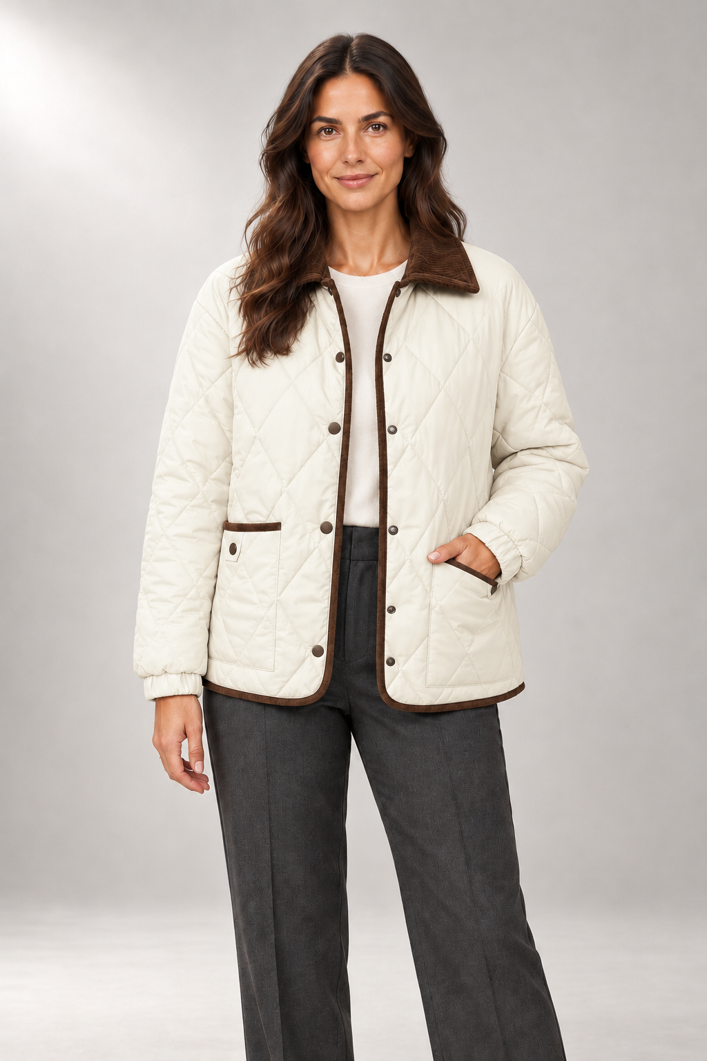 Diamond-Quilted Jacket — Contrast Collar & Button Front — White studio view