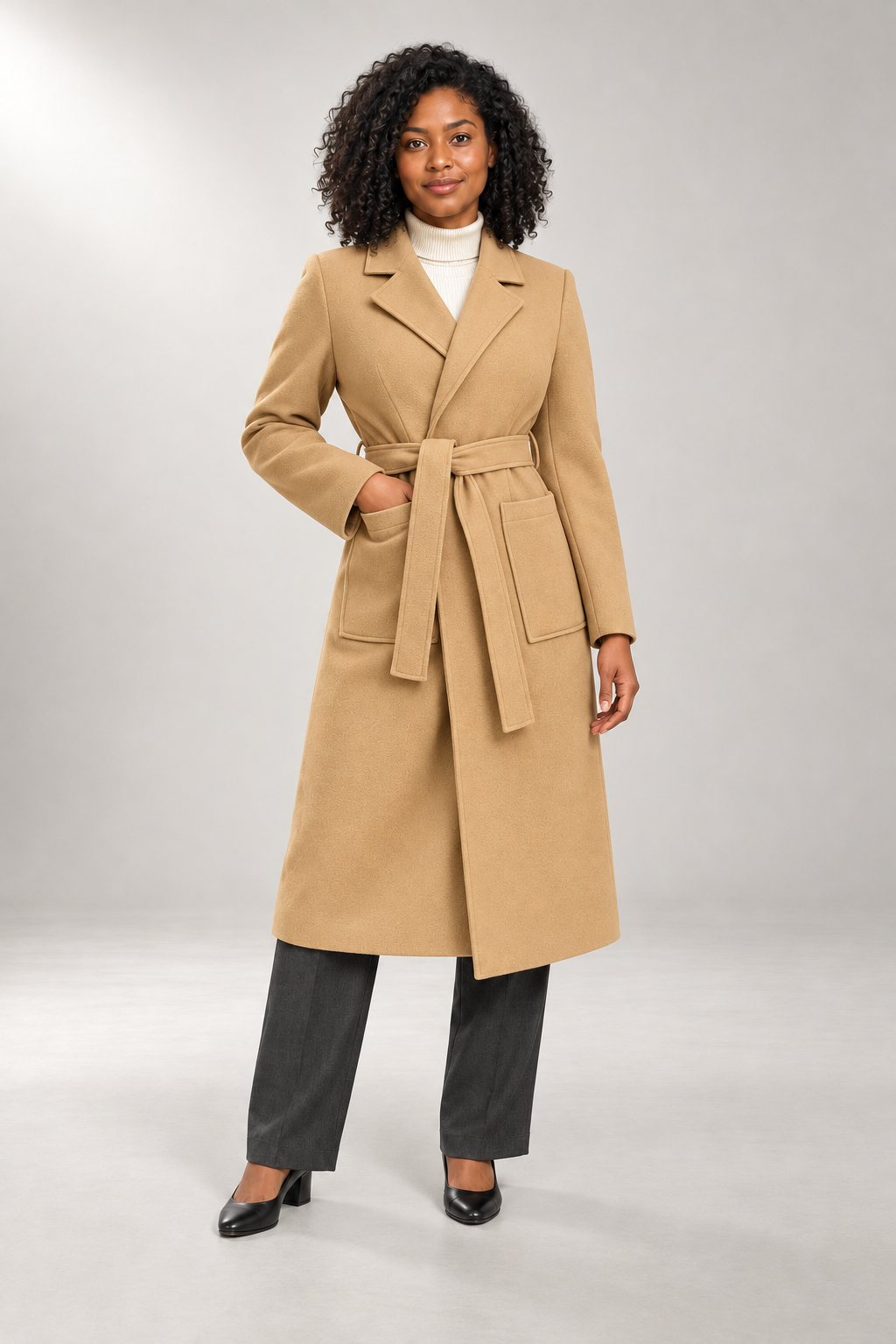 Ashley Wrap Coat — Longline Fit & Patch Pockets — Camel studio view