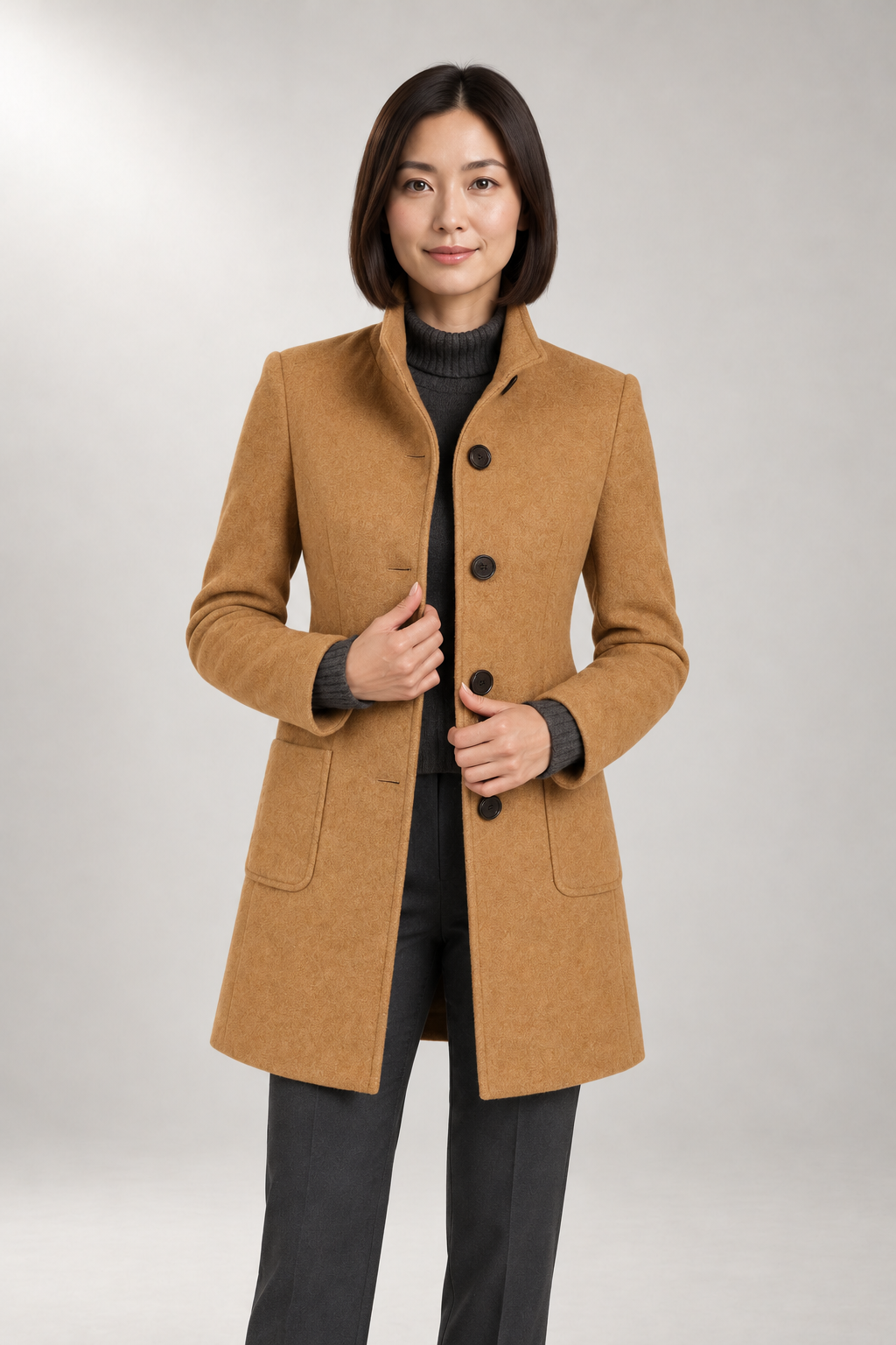 Sienna Tailored Coat — Stand Collar & Single-Breasted Front — Khaki studio view