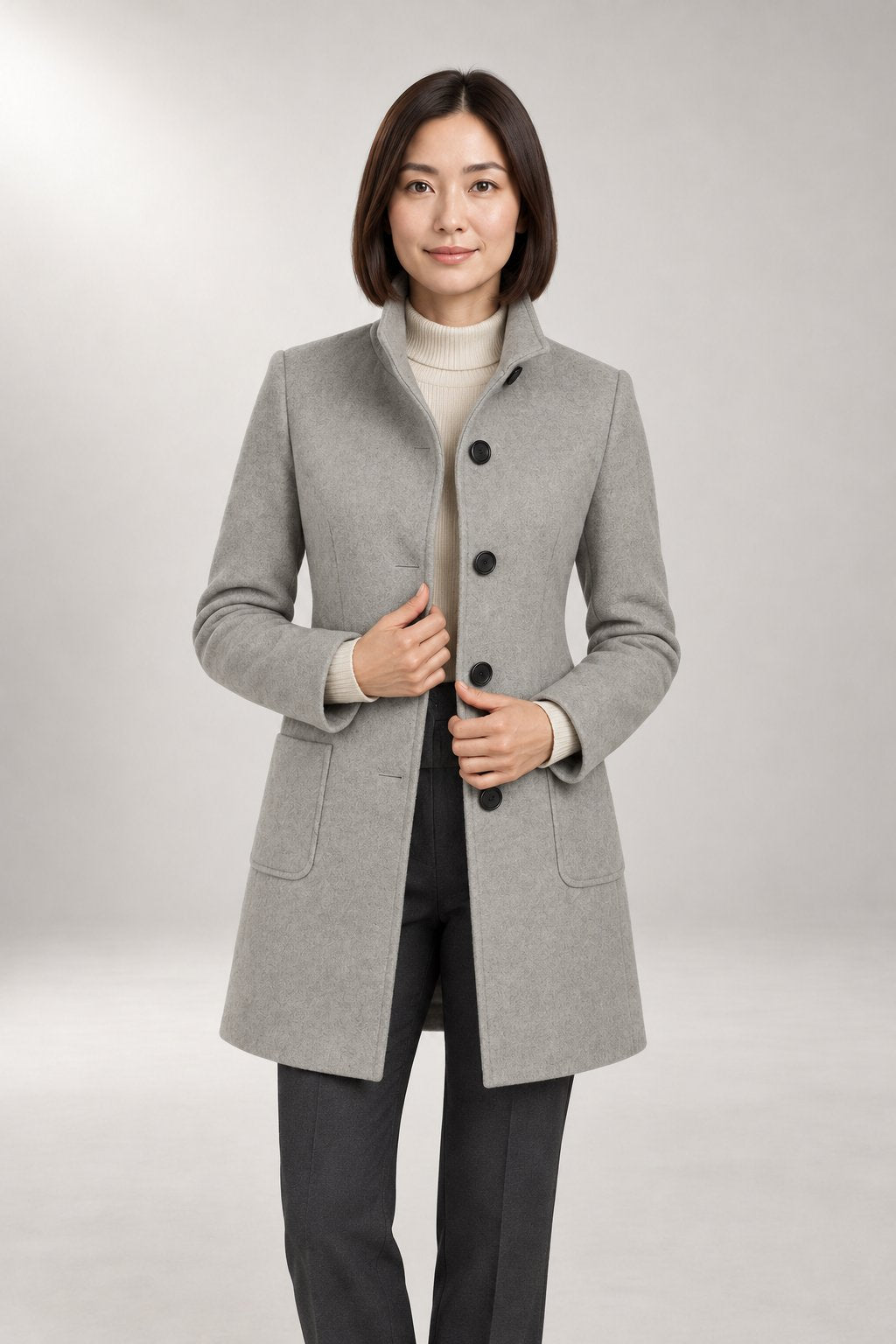 Sienna Tailored Coat — Stand Collar & Single-Breasted Front — Grey studio view