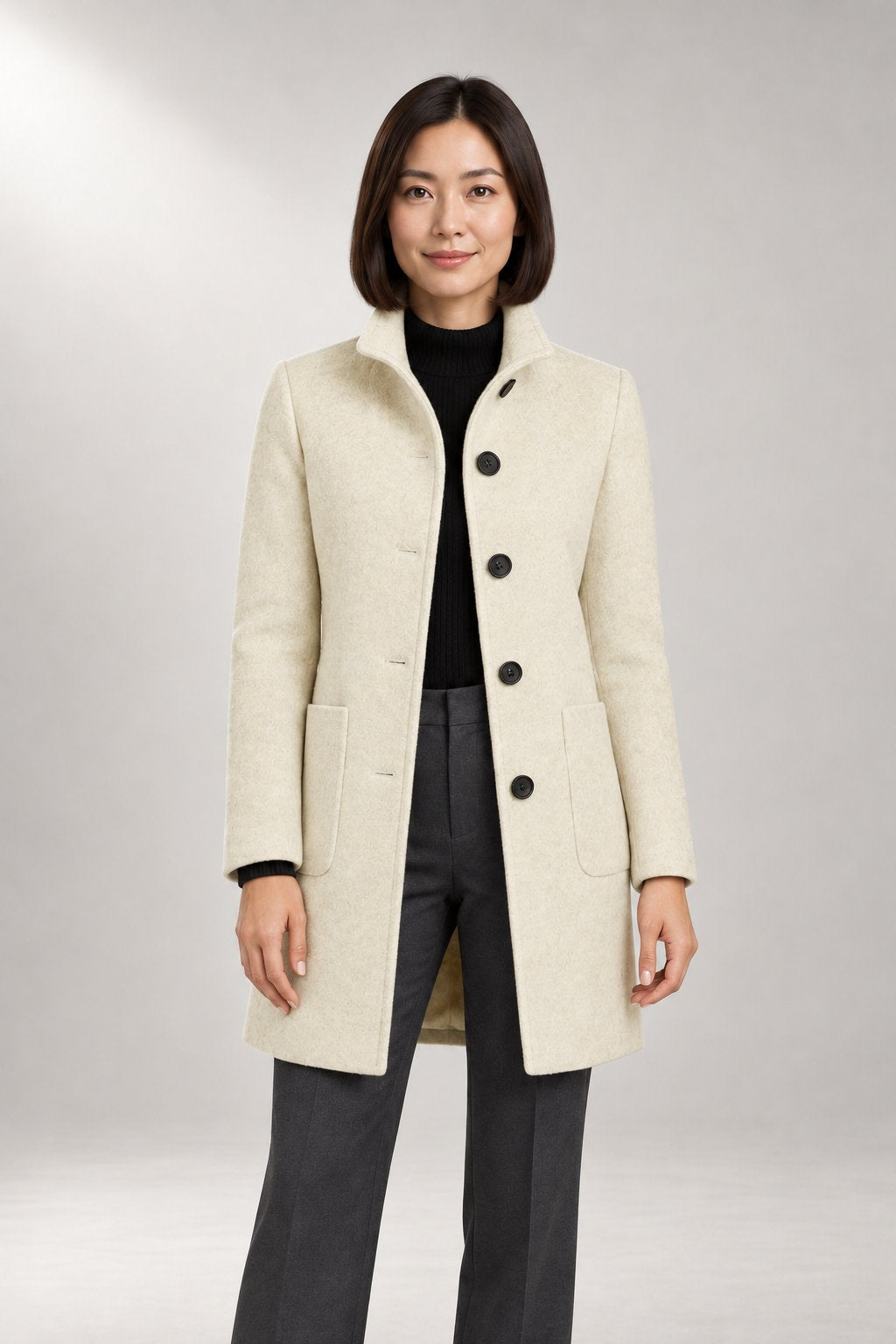 Sienna Tailored Coat — Stand Collar & Single-Breasted Front — Beige studio view