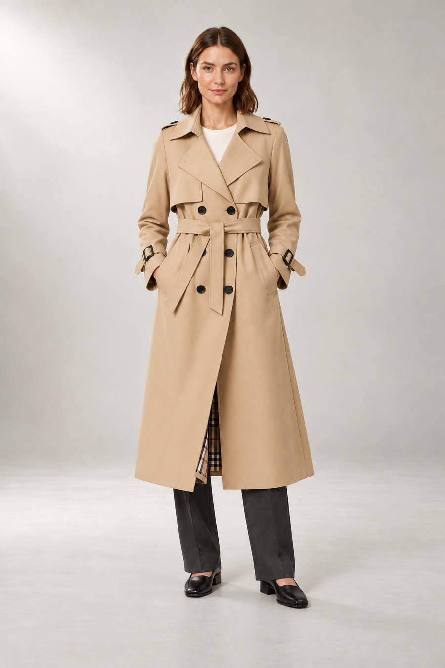 Belted Trench Coat — Tailored Longline Silhouette — Beige studio view