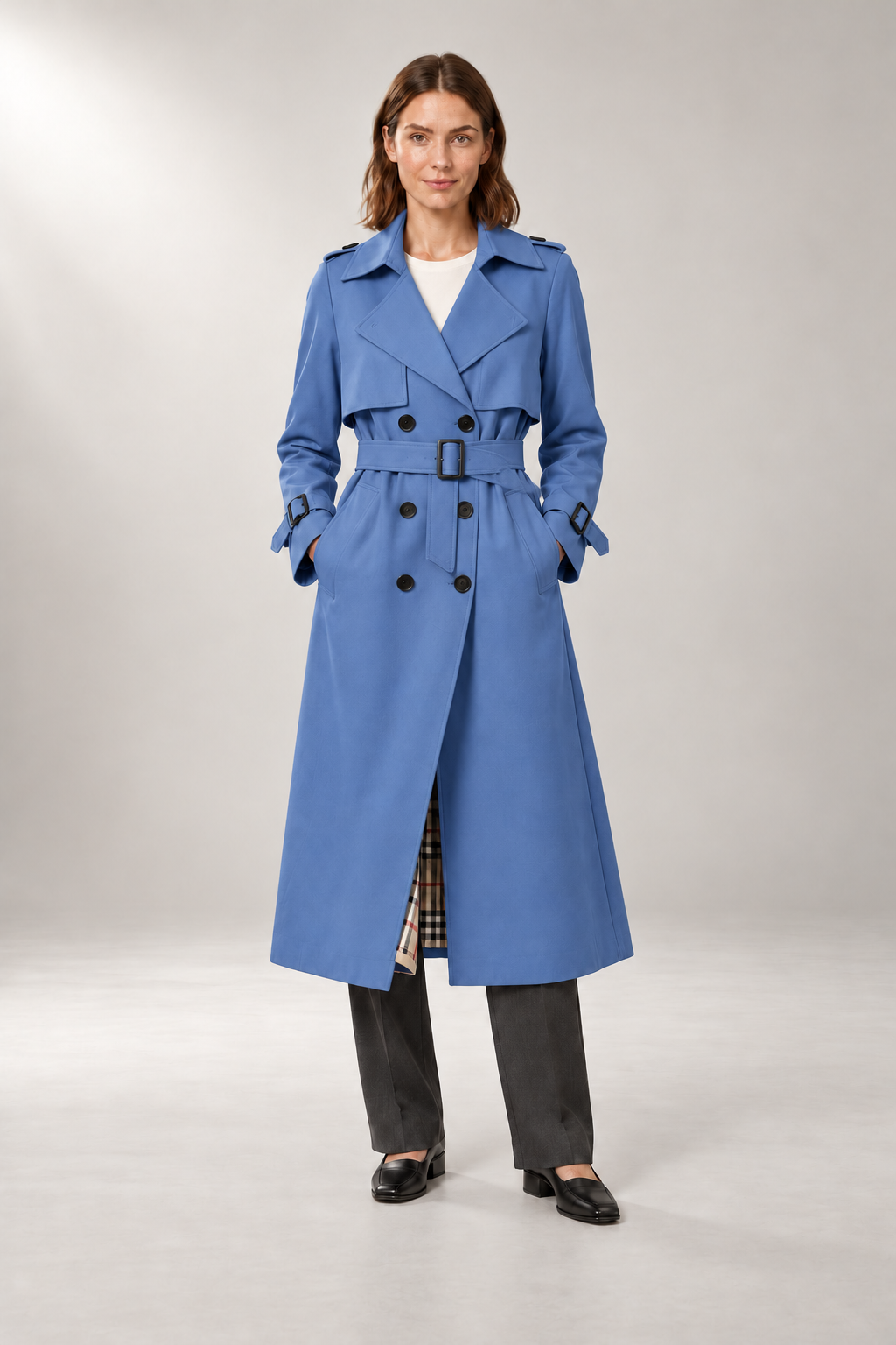 Belted Trench Coat — Tailored Longline Silhouette — Blue studio view