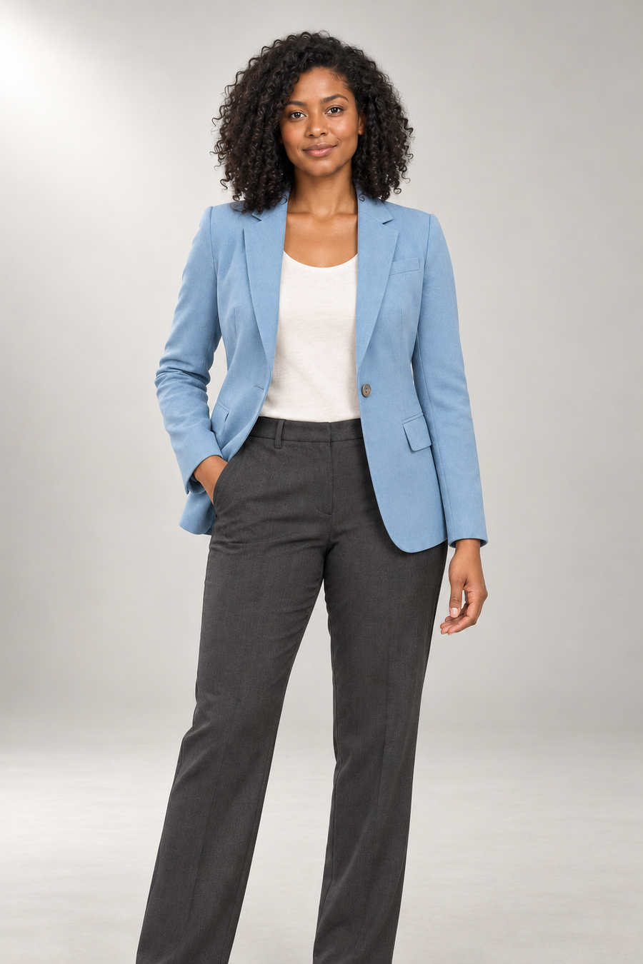 Talia-Eve Tailored Blazer — Notched Lapels & Single Button — Blue studio view