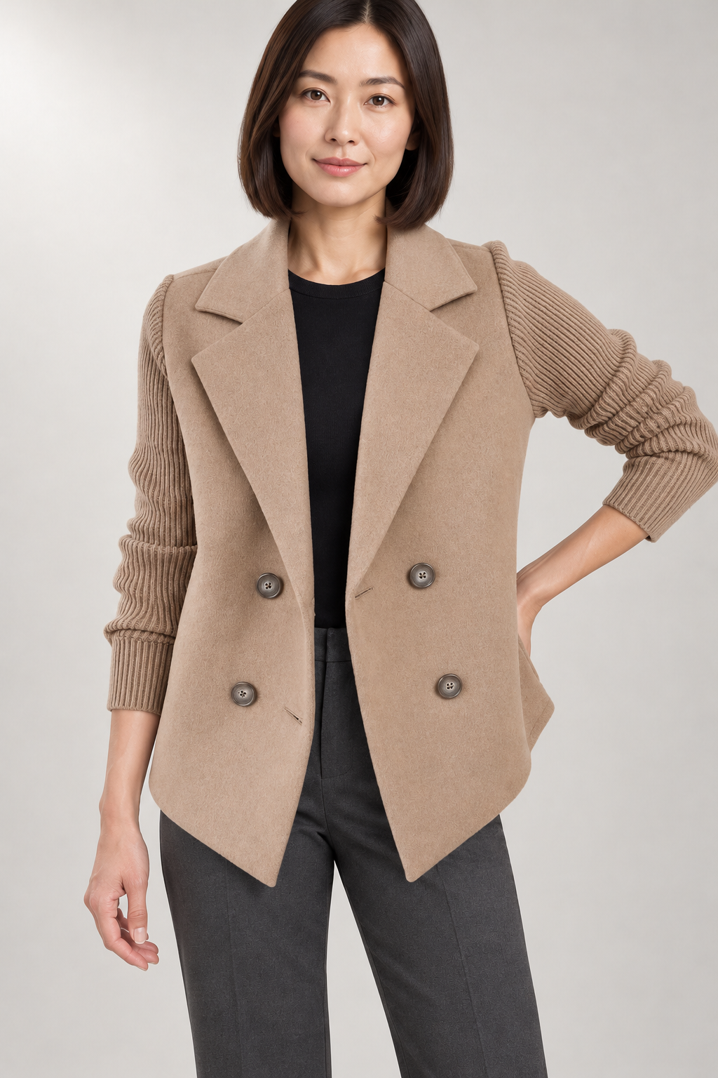 Danielle Double-Breasted Blazer — Ribbed Knit Sleeves — Brown studio view