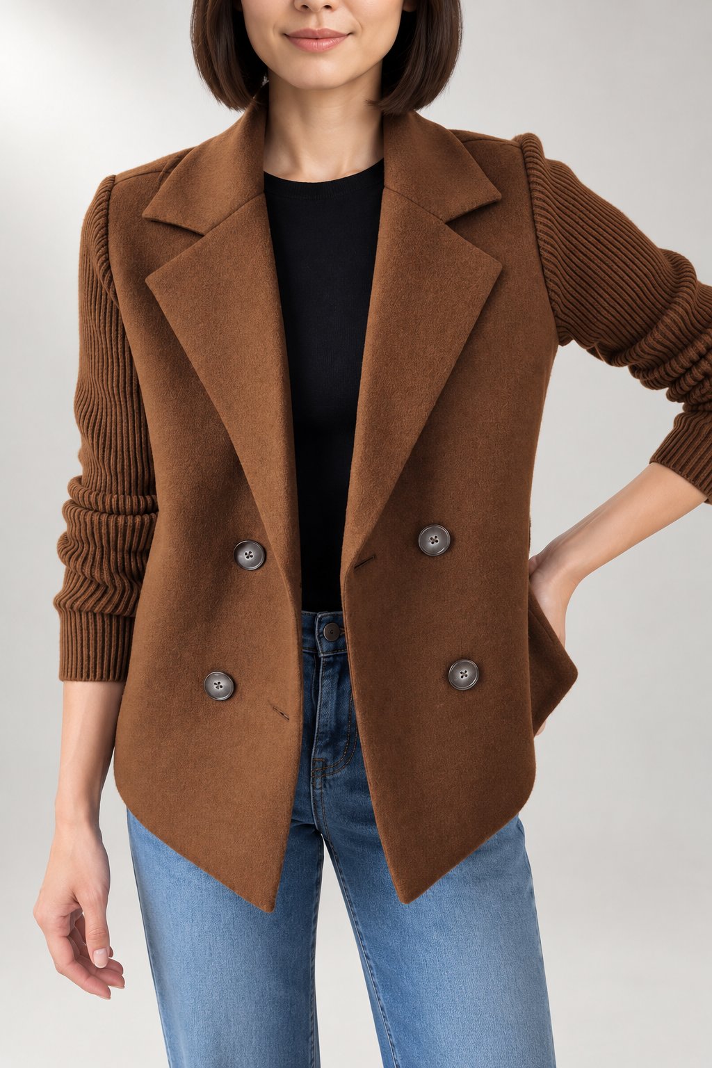 Danielle Double-Breasted Blazer — Ribbed Knit Sleeves — Dark Brown studio view