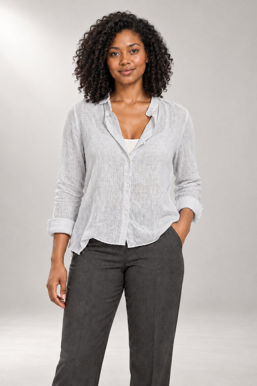Estelle Blouse — Textured Detail & Roll-Up Sleeves — Gray view