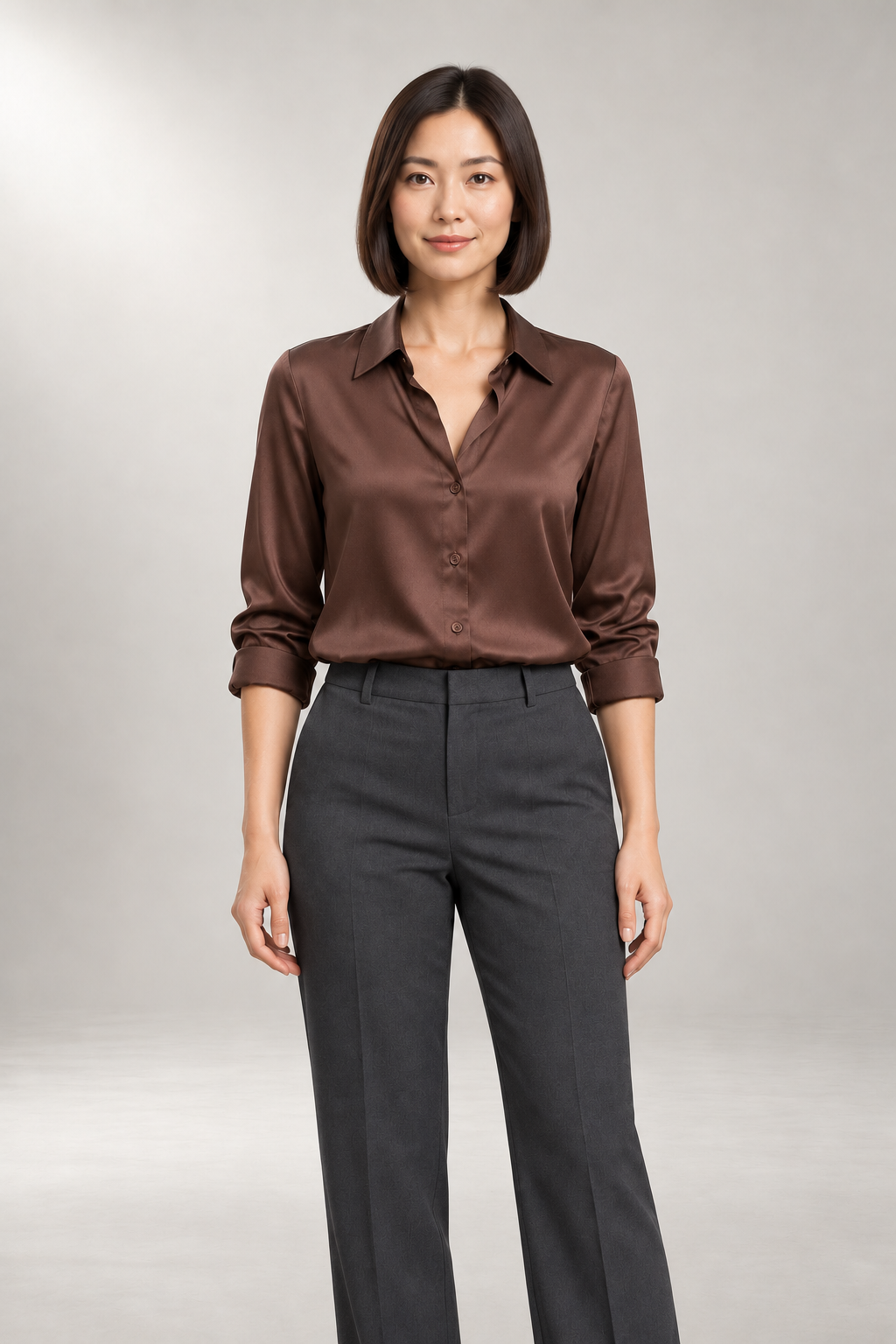 Hallie-Jade Blouse — Pointed Collar & Lustrous Finish — Chocolate view