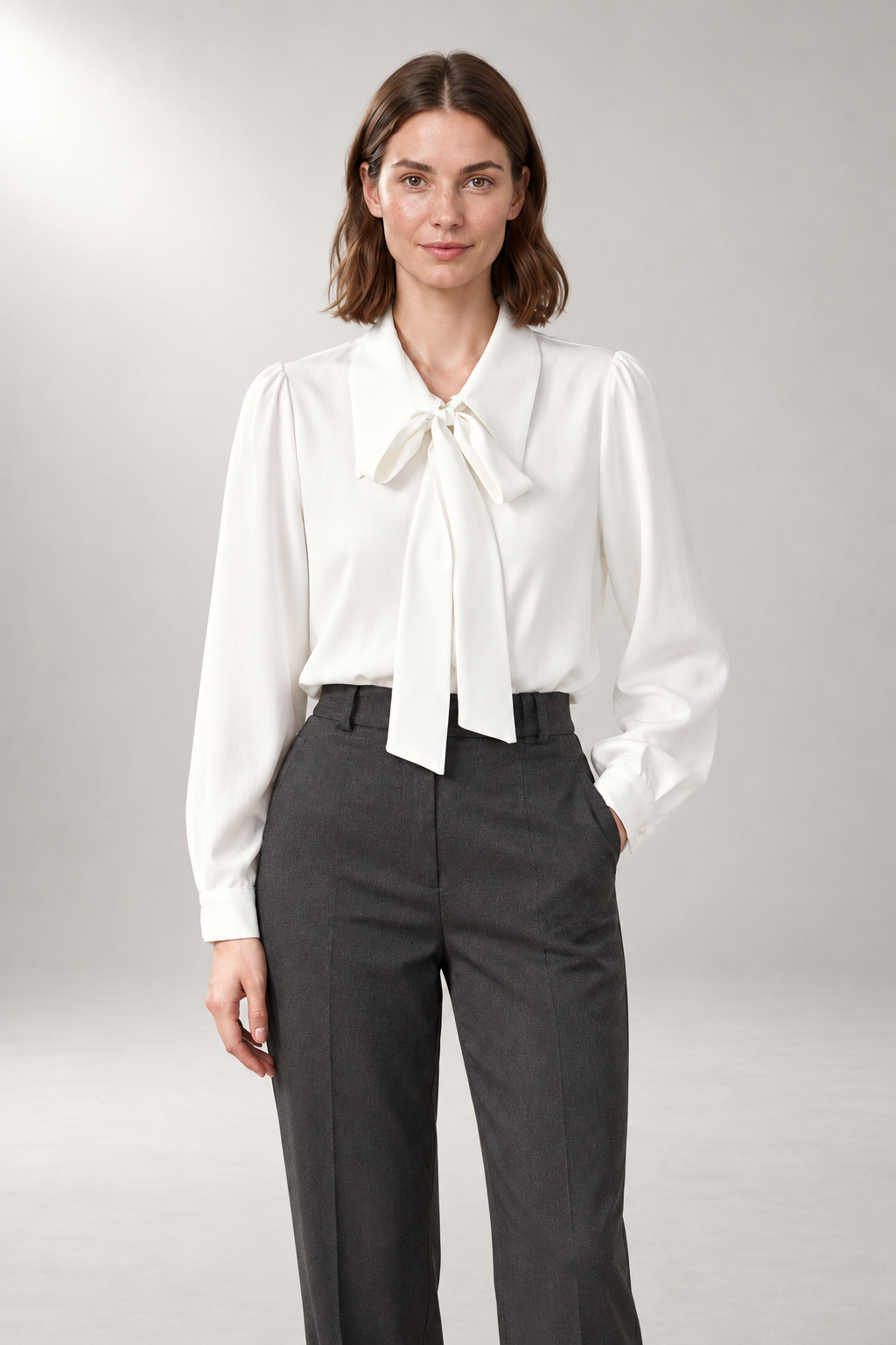 Tie-Neck Blouse — Pointed Collar & Removable Bow — White studio view
