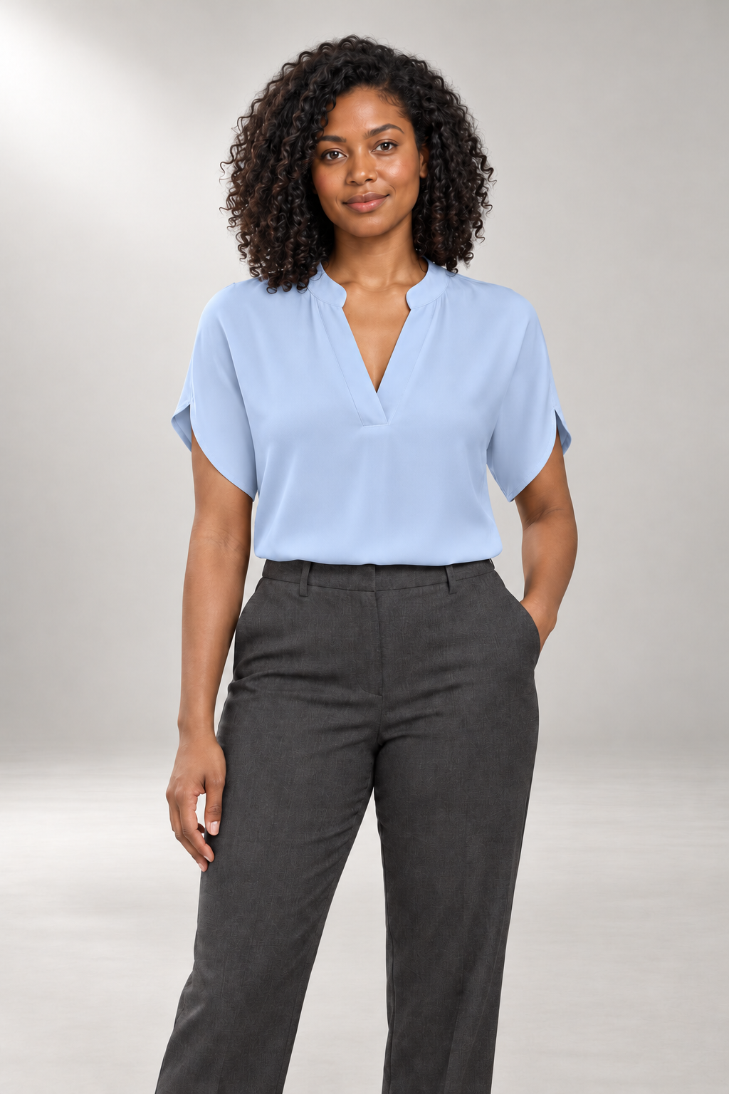 Becca Blouse — Soft Drape & Minimalist V-Neck — Blue studio view