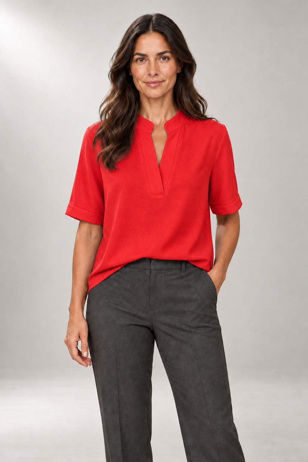 Elowen V-Neck Blouse — Relaxed Drape & Cuffed Sleeves — Red studio view