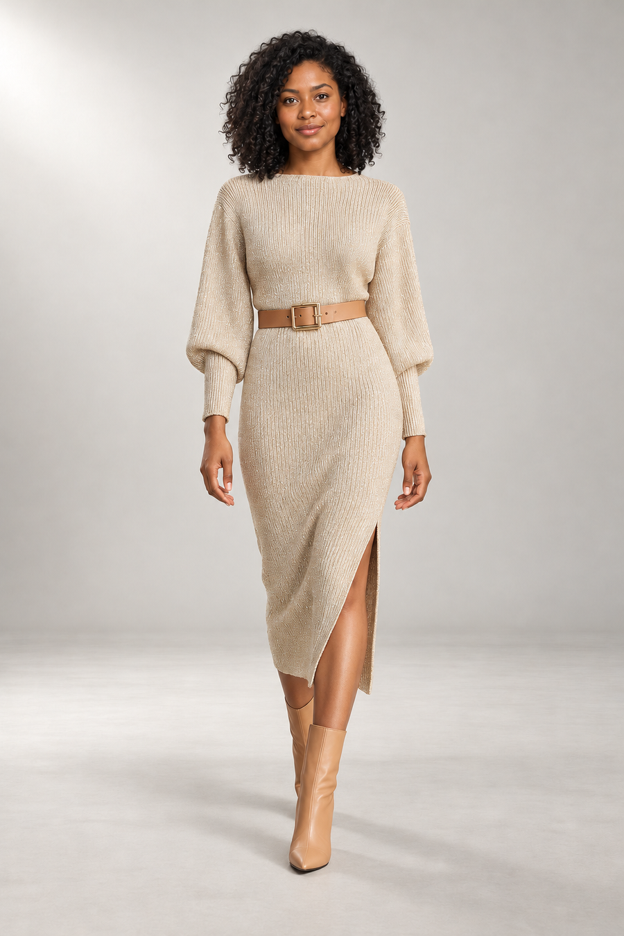 Belted Knit Midi Dress — Slim Fit & Side Slit — Khaki studio view