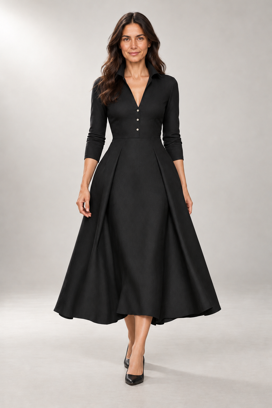 Ariana A-Line Dress — Collared Bodice & Midi Skirt — Black studio view