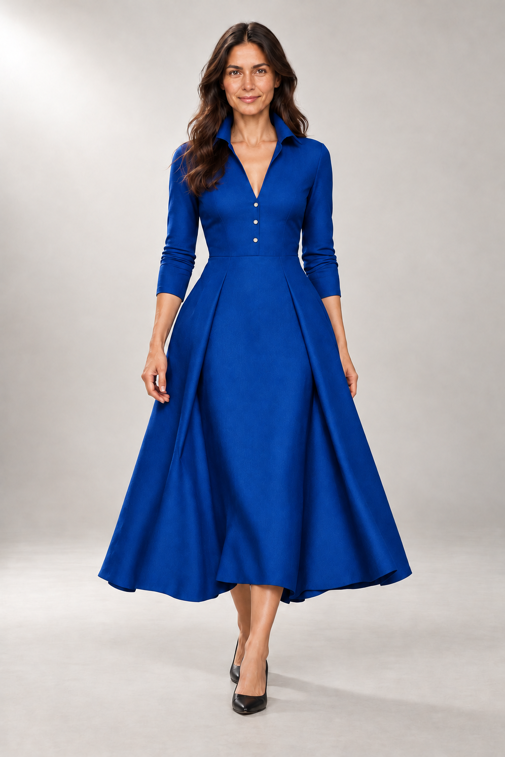 Ariana A-Line Dress — Collared Bodice & Midi Skirt — Royal Blue studio view