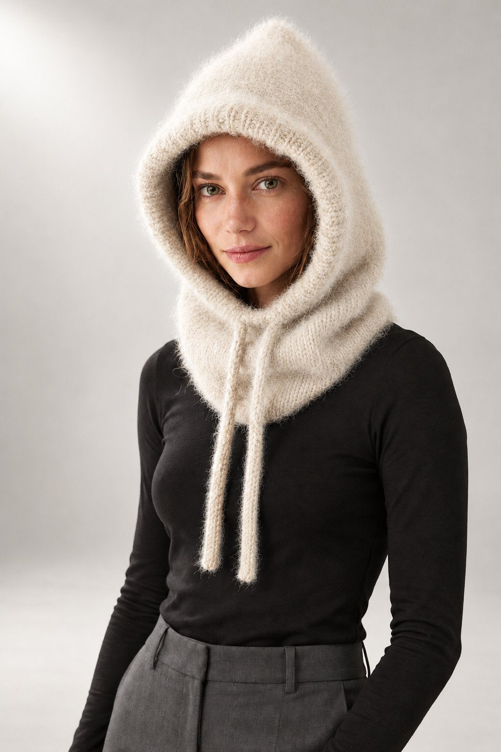 Knitted Hooded Scarf — Drawstring Balaclava — Beige studio view