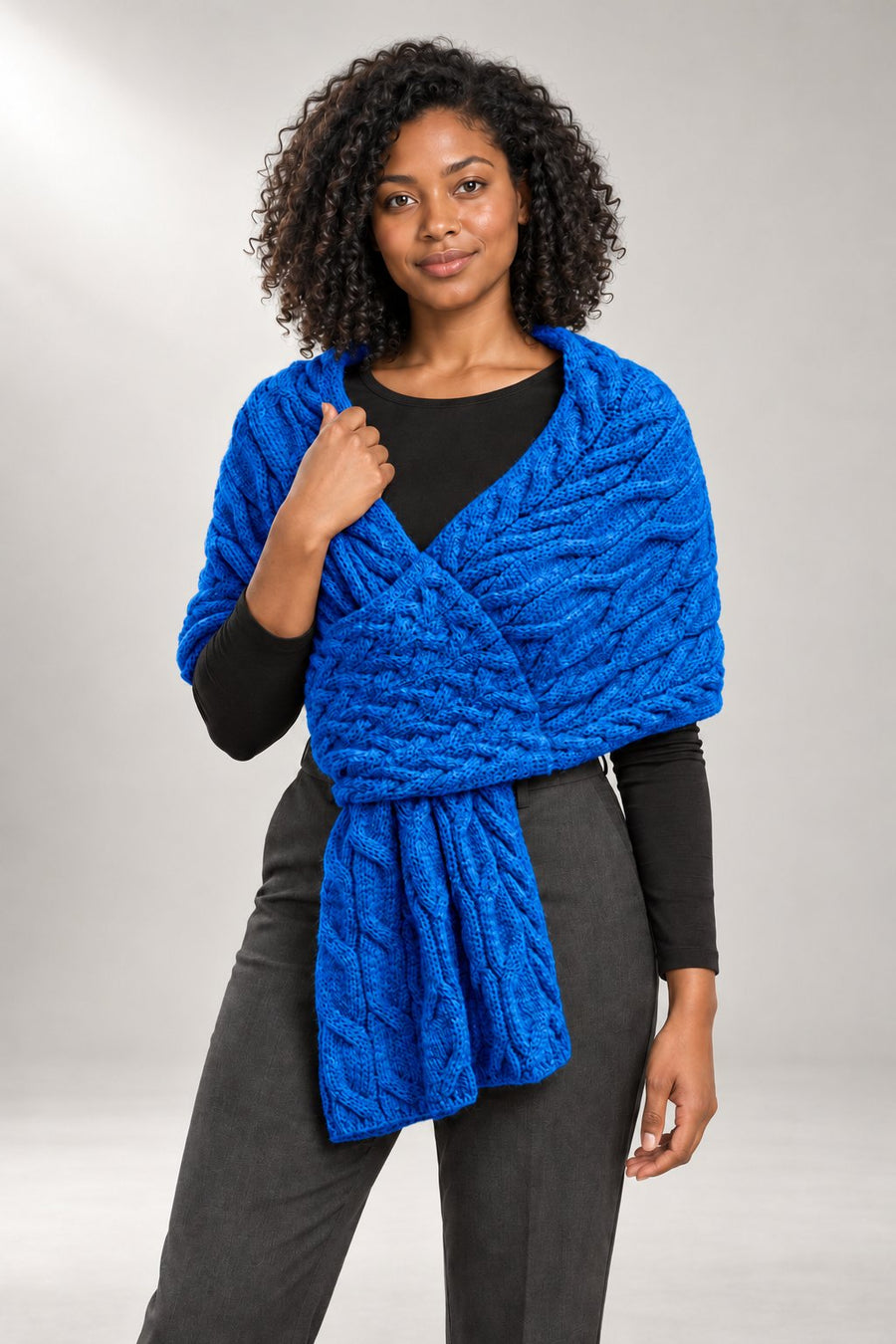 Cable-Knit Wrap Scarf — Textured Stole — Royal blue view