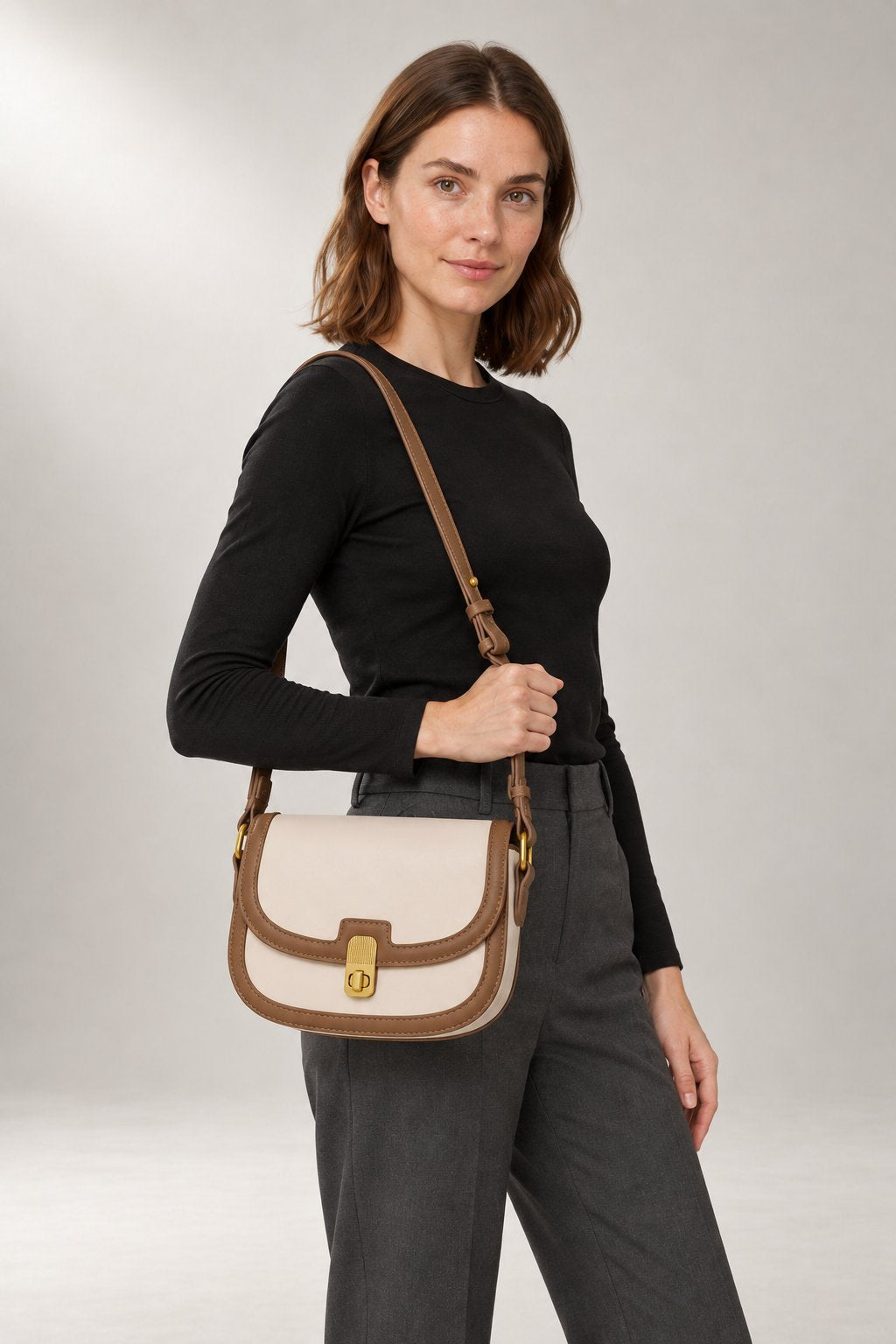Lily Crossbody Bag — Turn Lock & Adjustable Strap — Beige studio view