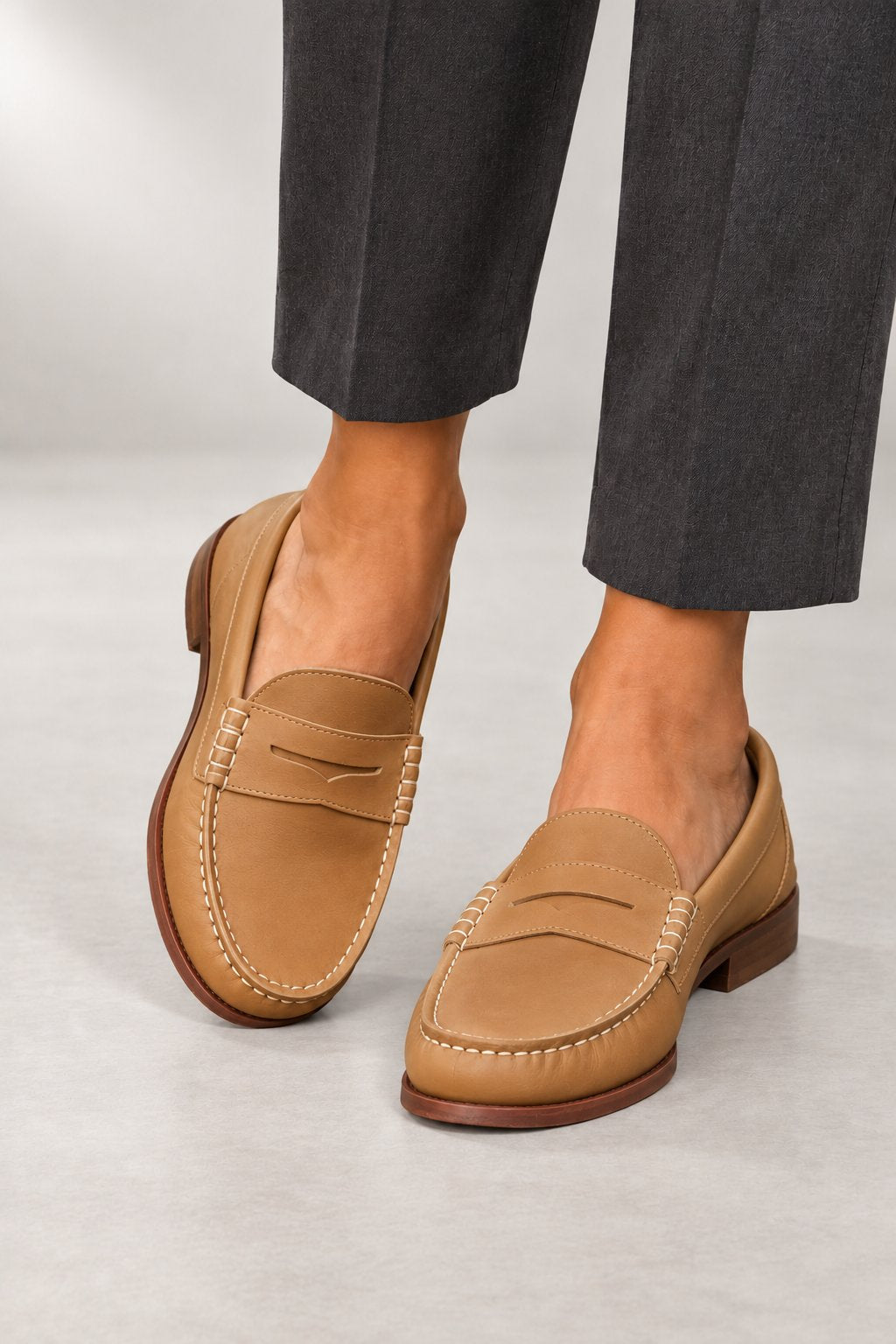Grace Penny Loafers — Stitched Detail & Low Heel — Khaki view