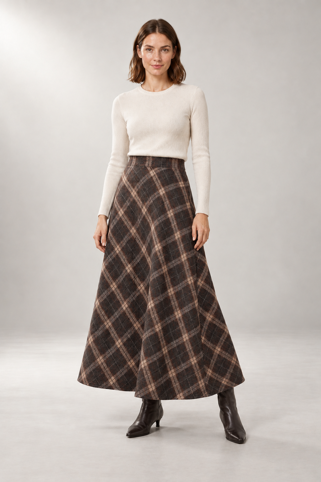 Emmeline Plaid Skirt — High-Waist A-Line Silhouette — Brown studio view